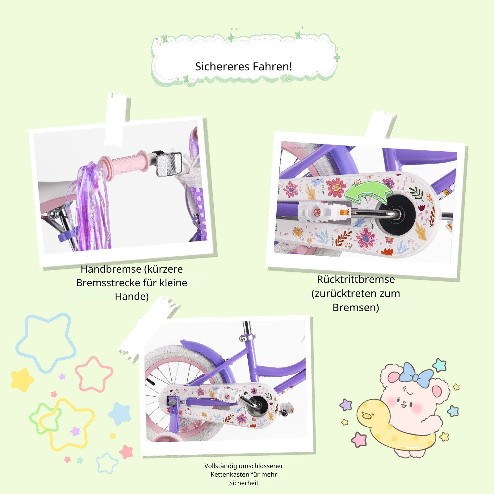 RULLY Kinderfahrrad Kinderfahrrad für Mädchen 12–18 Zoll, 2–10 Jahre, 1 Gang, Mit Korb, Puppensitz, Stützrädern, Schutzblech & Klingel