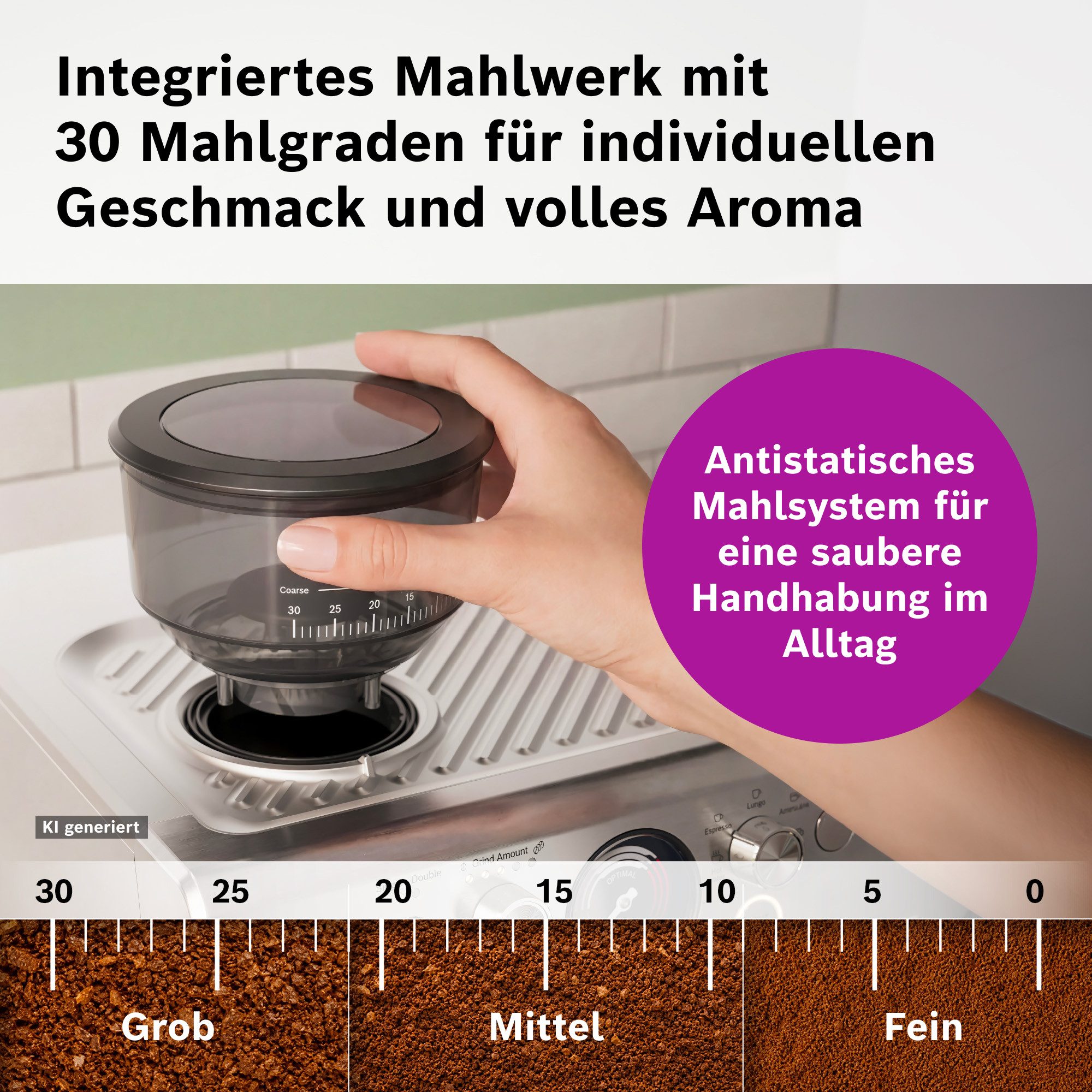 BOSCH Espressomaschine halbautomatische Siebträgermaschine PFE401C3 HomeCafé Serie 4, Integriertes Mahlwerk, 58mm-Siebträger, 30 Mahlgrade, 5 Direktwahl – Bild 5 von 5