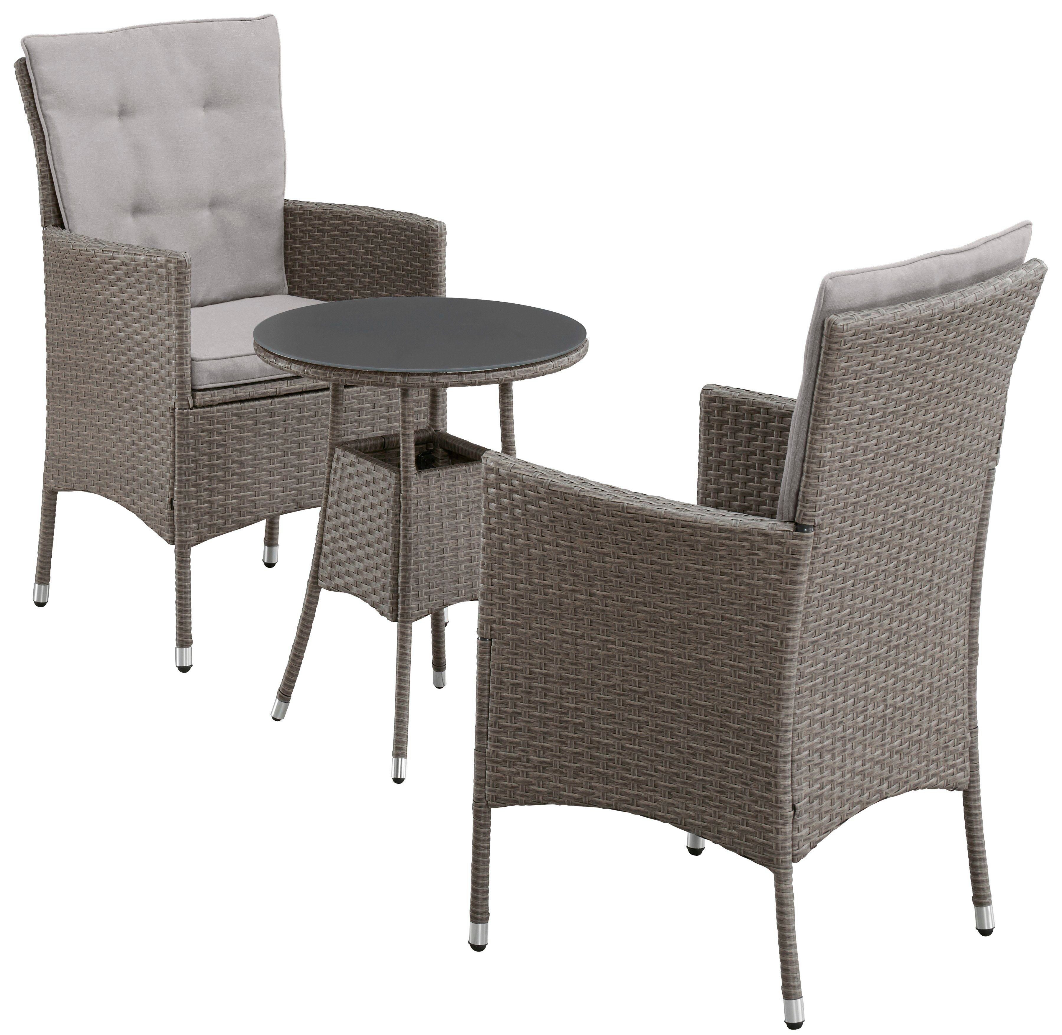 KONIFERA Garten-Essgruppe Balkonset "Mailand", (Set, 7-tlg., 2 Sessel, Tisch Ø 50 cm, inkl. Auflagen), Polyrattan, Tischplatte aus Sicherheitsglas, verzinkter Stahl