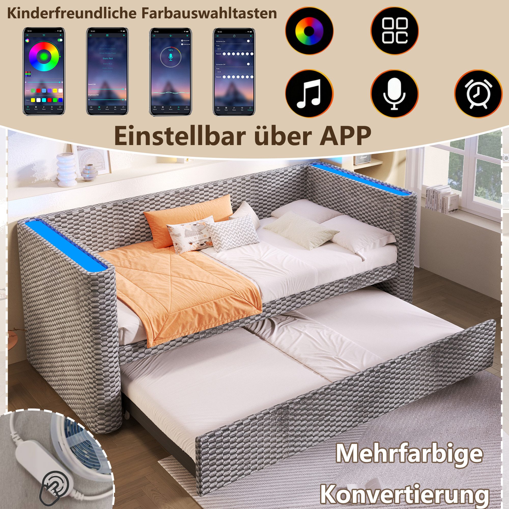 Merax Daybett 90×200cm/180x200cm mit LED-Lichtleiste & App-gesteuerter (Jugendbett Doppelbett Kinderbett, 1 tlg), Polsterbett Tagesbett Schlafsofa mit Ausziehbe – Bild 5 von 5
