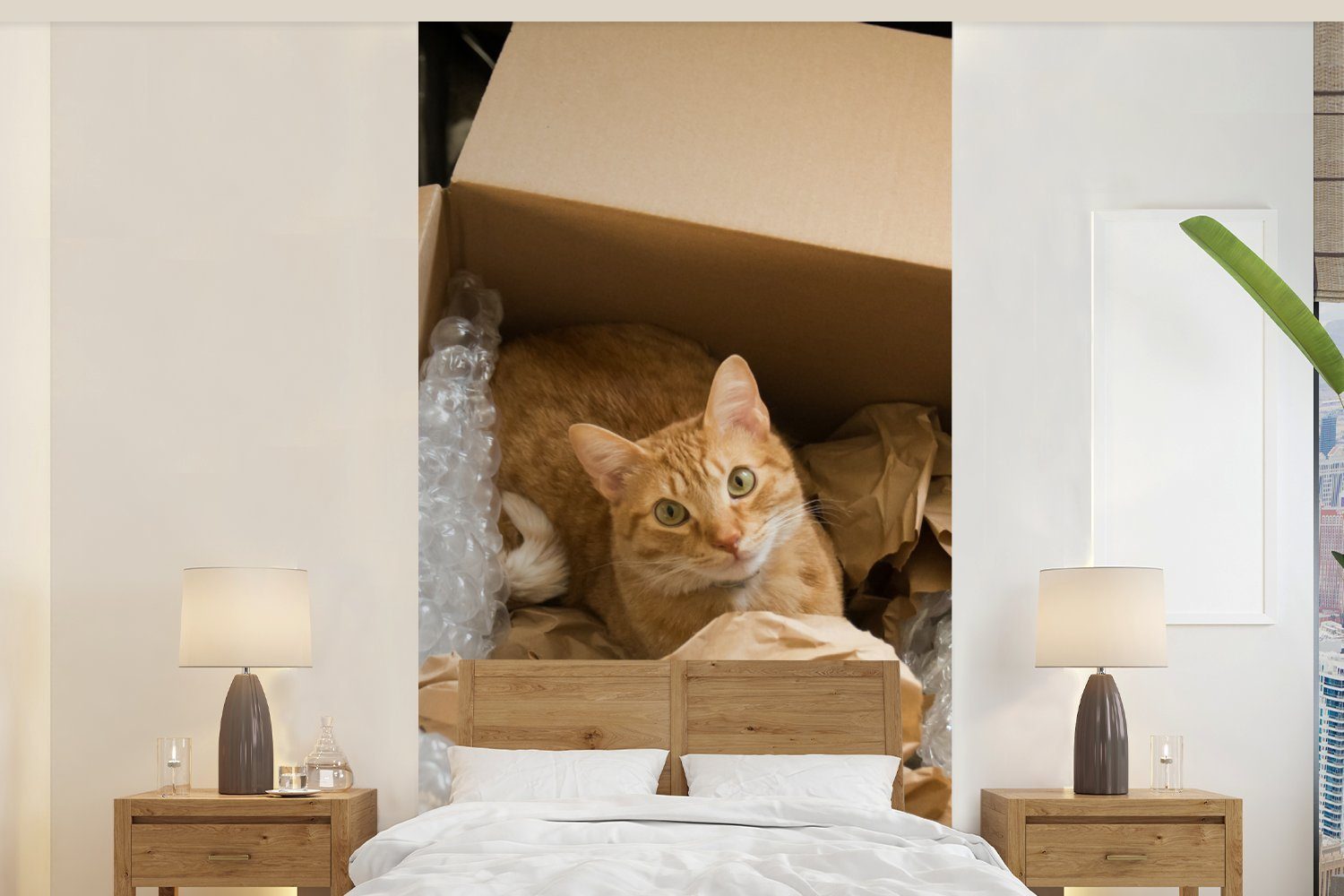 MuchoWow Fototapete Katze - Box - Rot, Matt, bedruckt, (2 St), Vliestapete für Wohnzimmer Schlafzimmer Küche, Fototapete