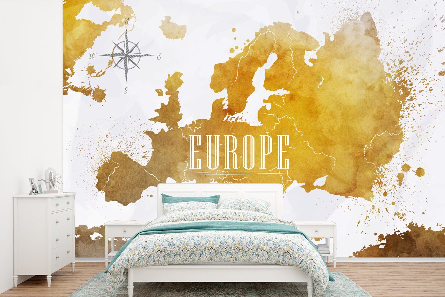 MuchoWow Fototapete Weltkarten - Europa - Gold, Matt, bedruckt, (6 St), Wallpaper für Wohnzimmer, Schlafzimmer, Kinderzimmer, Vinyl Tapete