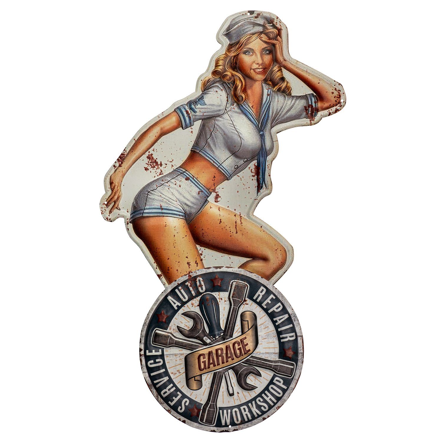 Moritz Metallschild PinUp Girl Marine Frau Garage Auto Repair, Vintage Retro Deko Schild Metallschild Wandbild Schild