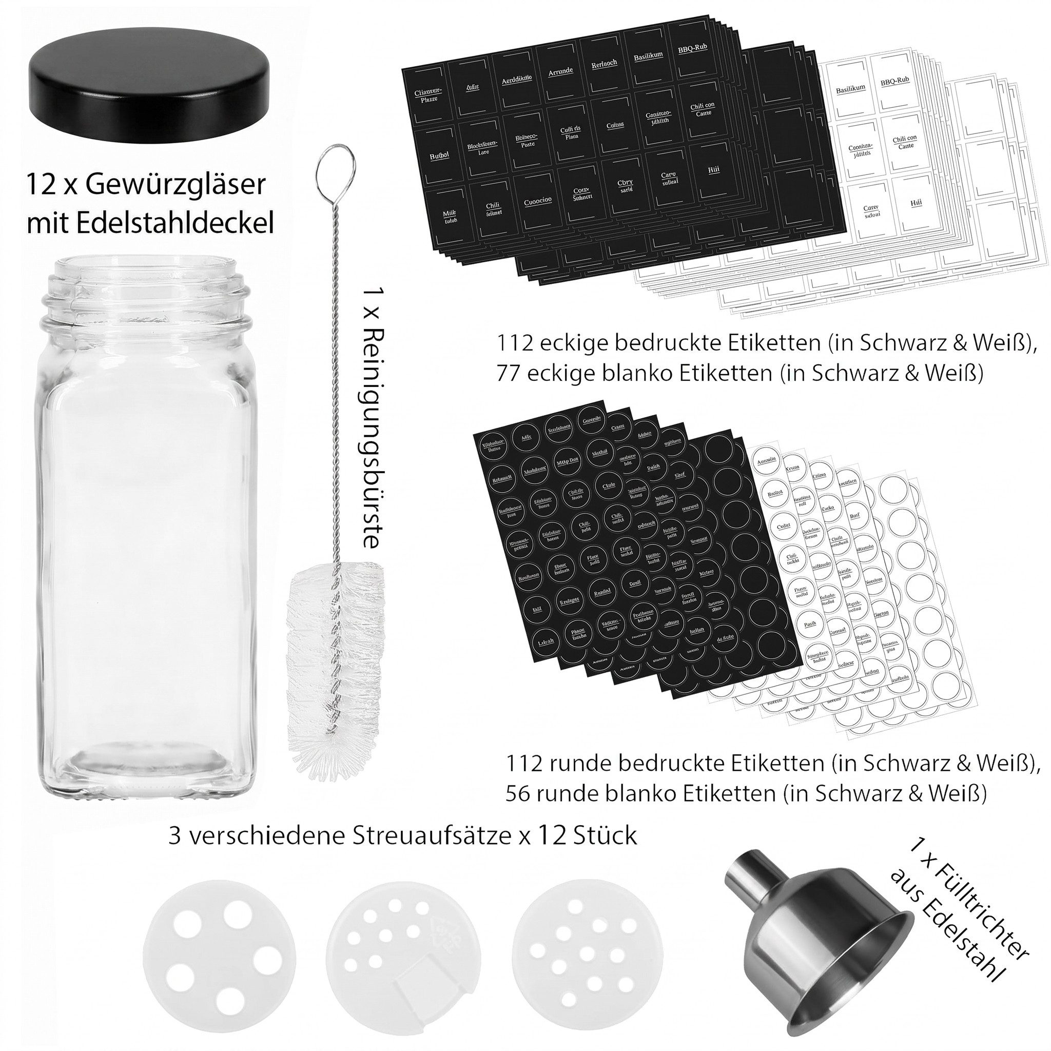 VonBueren Gewürzstreuer Gewürzgläser Set, eckig leer, 120 ml, Edelstahldeckel schwarz, (12-tlg), schwarze Edelstahldeckel, Streueinsätze, individuell beschriftb – Bild 2 von 5