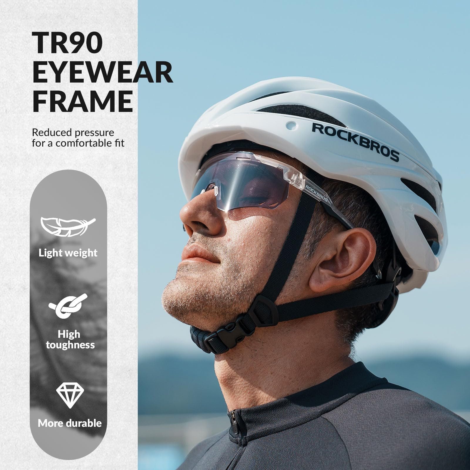 ROCKBROS Fahrradbrille Sportbrille Herren Damen Fahrrad MTB Rennrad Outdoor TR90 Rahmen, selbsttönend, UV400 Schutz, verstellbare Nasenpads, leicht