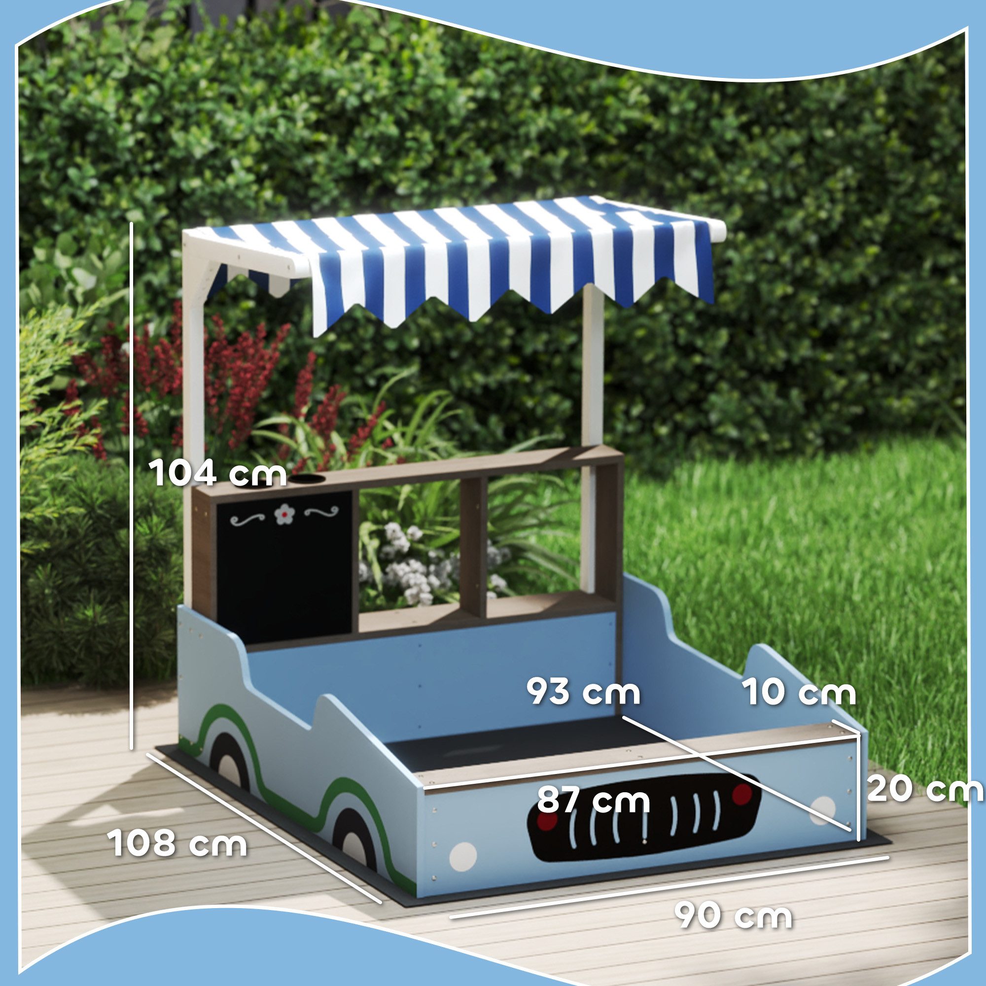 AIYAPLAY Sandkasten Sandkiste mit Vordach, Sitzbank, Zeichentafel, Pflanzkästen, (Einkaufsladen-Design, 1-tlg., für 2 Kinder im Alter von 3-7 Jahren), Tannenholz, Blau