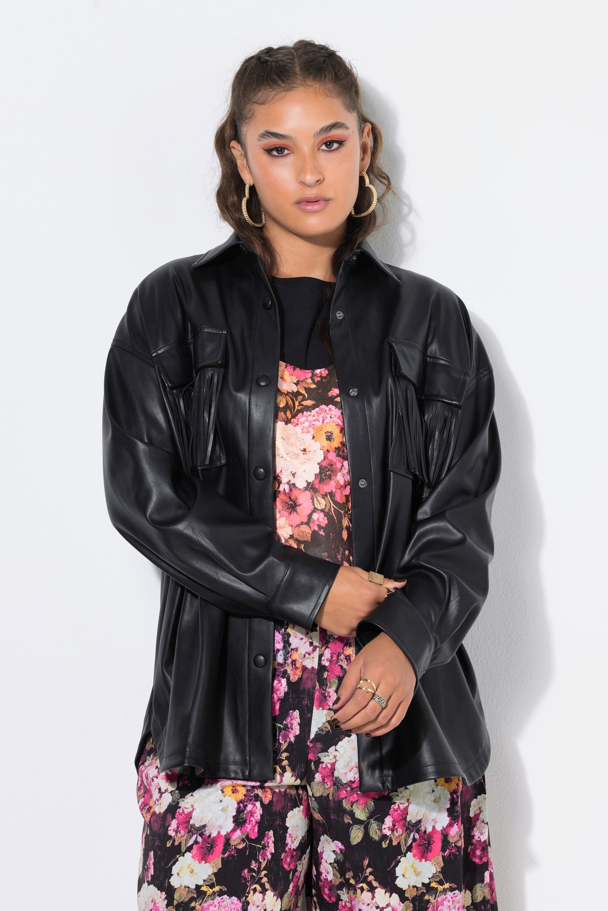 Studio Untold Hemdbluse Hemd Oversize Shape Fake-Leder Fransen-Taschen