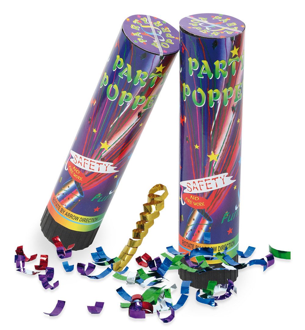 Fries Konfetti 2 Stück Party Poppers 21 cm Hoch Luftschlangen Kanone Karneval, Reichweite 3 bis 5 m