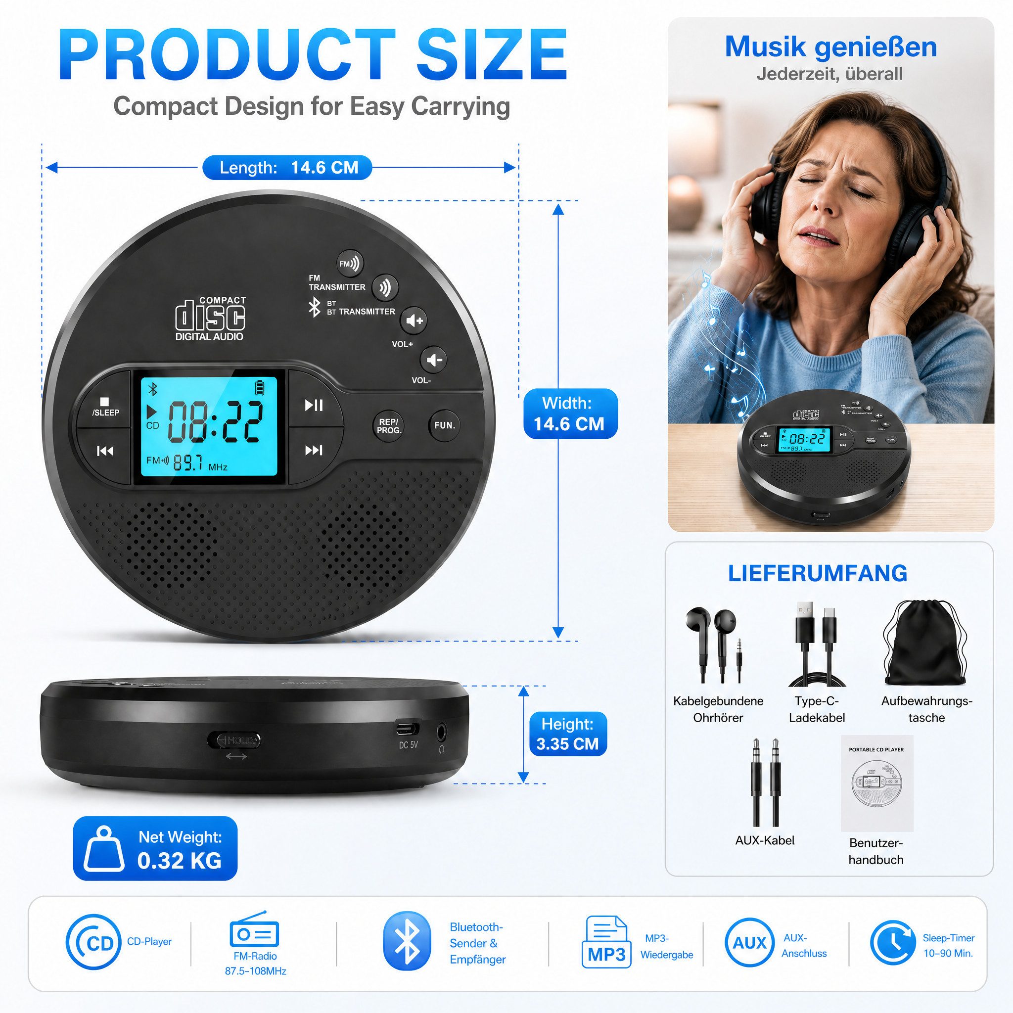 Greadio mit Bluetooth & Akku, FM Transmitter fürs Auto Audio, Schwarz CD-Player (Tragbar, Wiederaufladbar, Anti-Rutsch- & Stoßschutz, Sleep-Timer, Breite Formatkompatibilität)