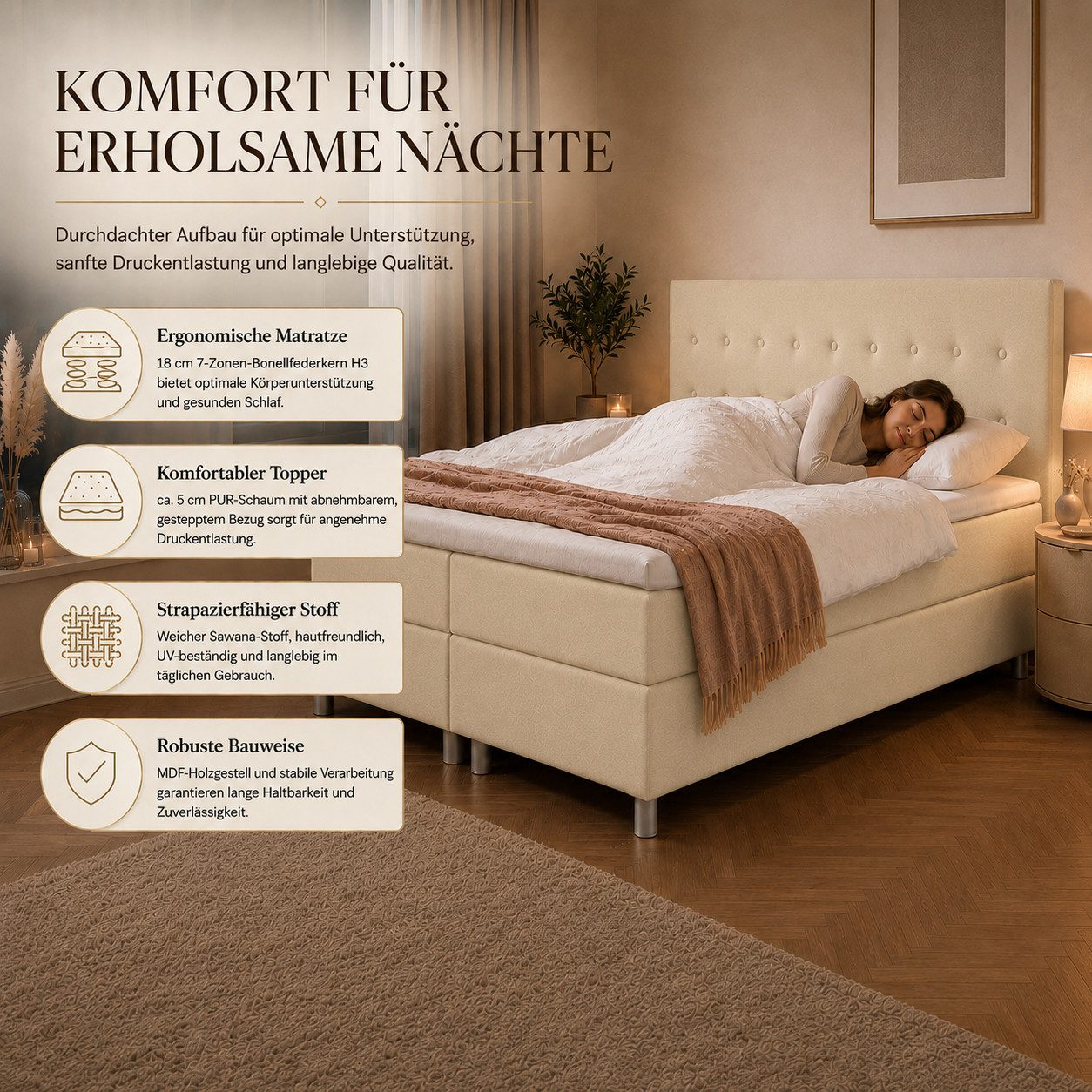 Best for Home Boxspringbett mit gepolstertem Kopfteil, komfortabler Bonnell-Matratze & 5 cm Topper (Boxspringbett-Set mit Matratze und Topper, 1-St., 90x200 120 – Bild 5 von 5