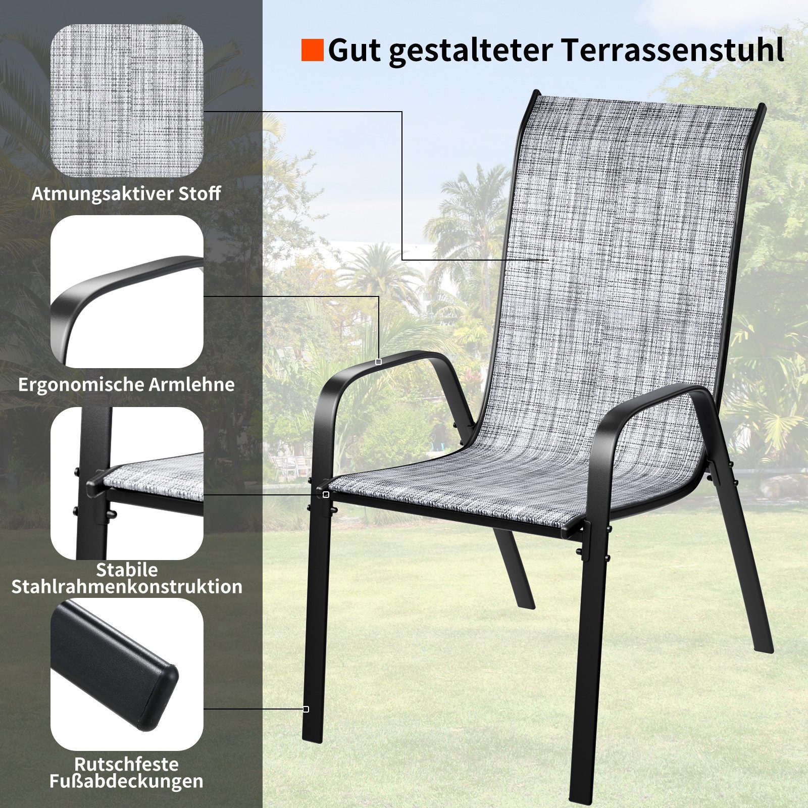 TLGREEN Stapelstuhl Gartenstühle Stapelstuhl,Camping Stapelbar Hochlehner, (Terrassenstuhl Textilene Stahlgestell für Gärten Innenhöfe Balkone Restaurants, 4 St – Bild 3 von 5