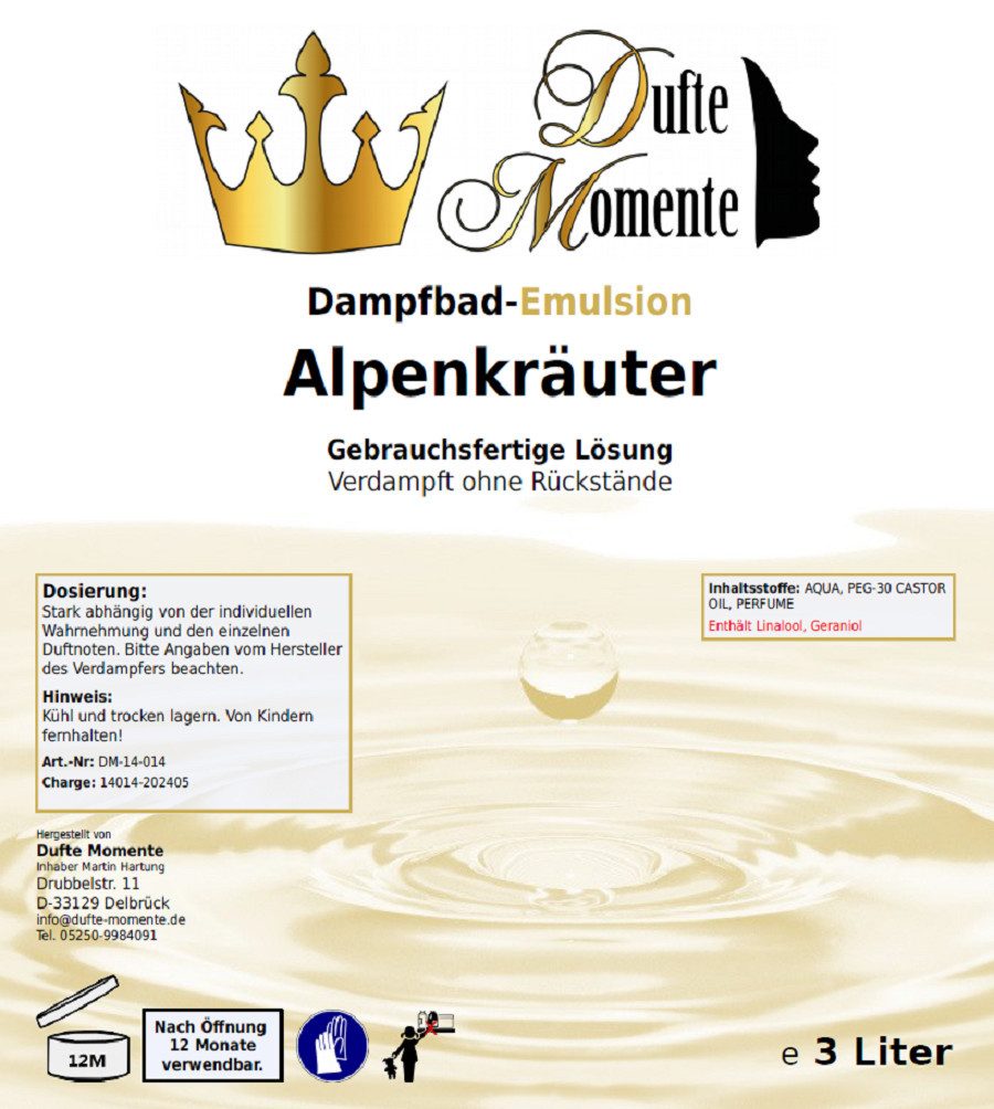 Dufte Momente Duftöl Dampfbad Emulsion Alpenkräuter 3 Liter, gebrauchsfertig, vegan und ohne Tierversuche