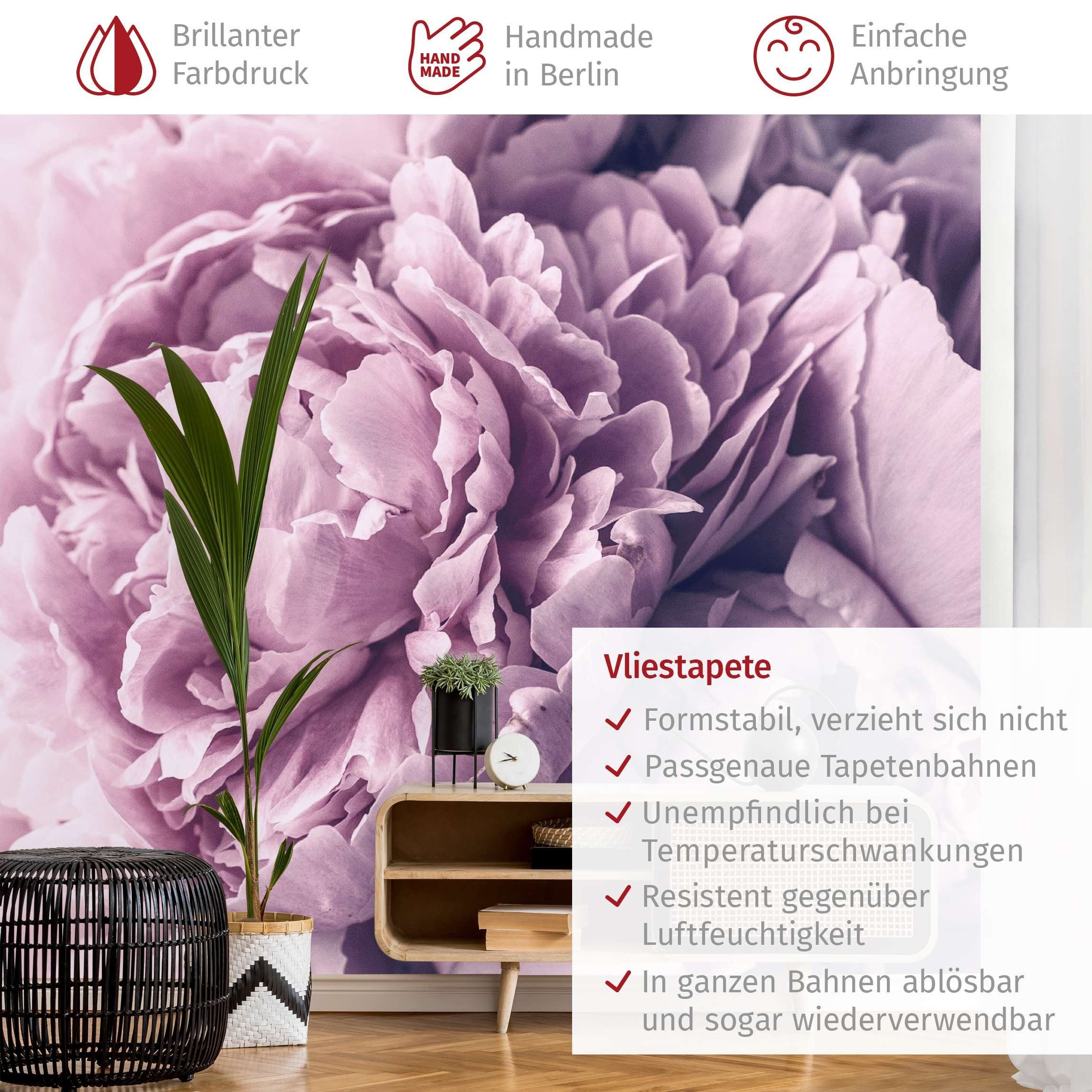 Bilderdepot24 Fototapete Rosen Lila Pfingstrosenblüten Blumen Natur Pflanzen Wanddeko, Glatt, Matt, (Vliestapete inkl. Kleister oder selbstklebend), Wohnzimmer Schlafzimmer Küche Flur Motivtapete Vliestapete Wandtapete