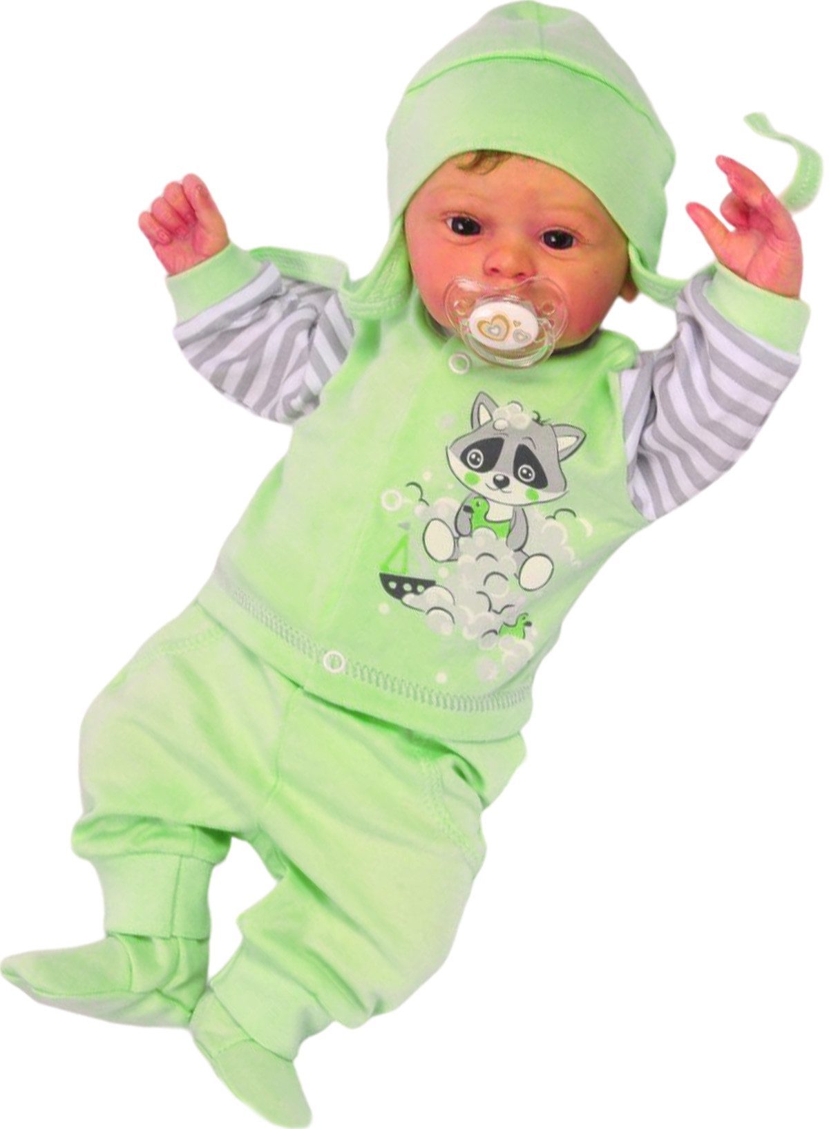 La Bortini Anzug 3-teilig Baby Anzug 3Tlg. Hose Hemdchen Mütze in Grün mit Waschbär aus reiner Baumwolle, 44 50 56 62 68 74 80