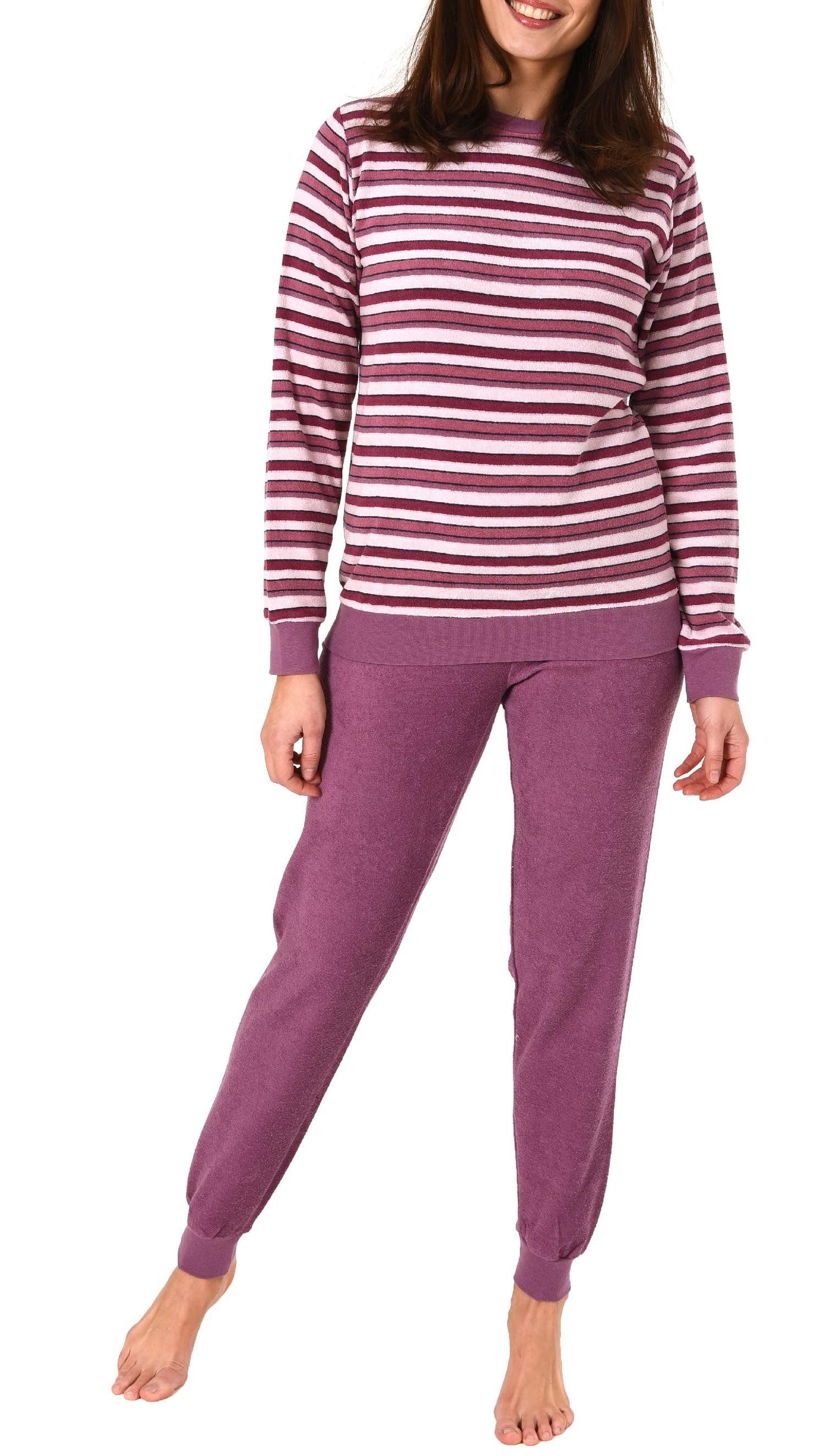 Pyjama Damen Frottee Schlafanzug mit Bündchen in Streifenoptik - 291 13 572