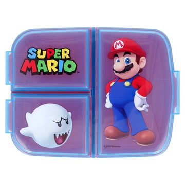 Super Mario Lunchbox Super Mario Luigi Kinder 4 teiliges Set, Kunststoff, (4-tlg), Brotdose - Gabel Löffel Alu-Trinkflasche