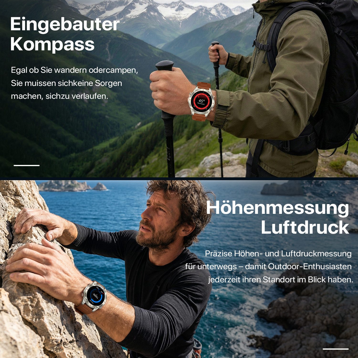 ANYSUN Smartwatch Herren Damen mit GPS, 1,43" AMOLED für den Outdoor-Einsatz Smartwatch (1,43 Zoll) Sportuhr mit 100+ Sportmodi-Puls-Schlaf-Schritte-Kalorien-Kilometer-Monitor, 5 ATM wasserdicht Fitnessuhr für Android iOS
