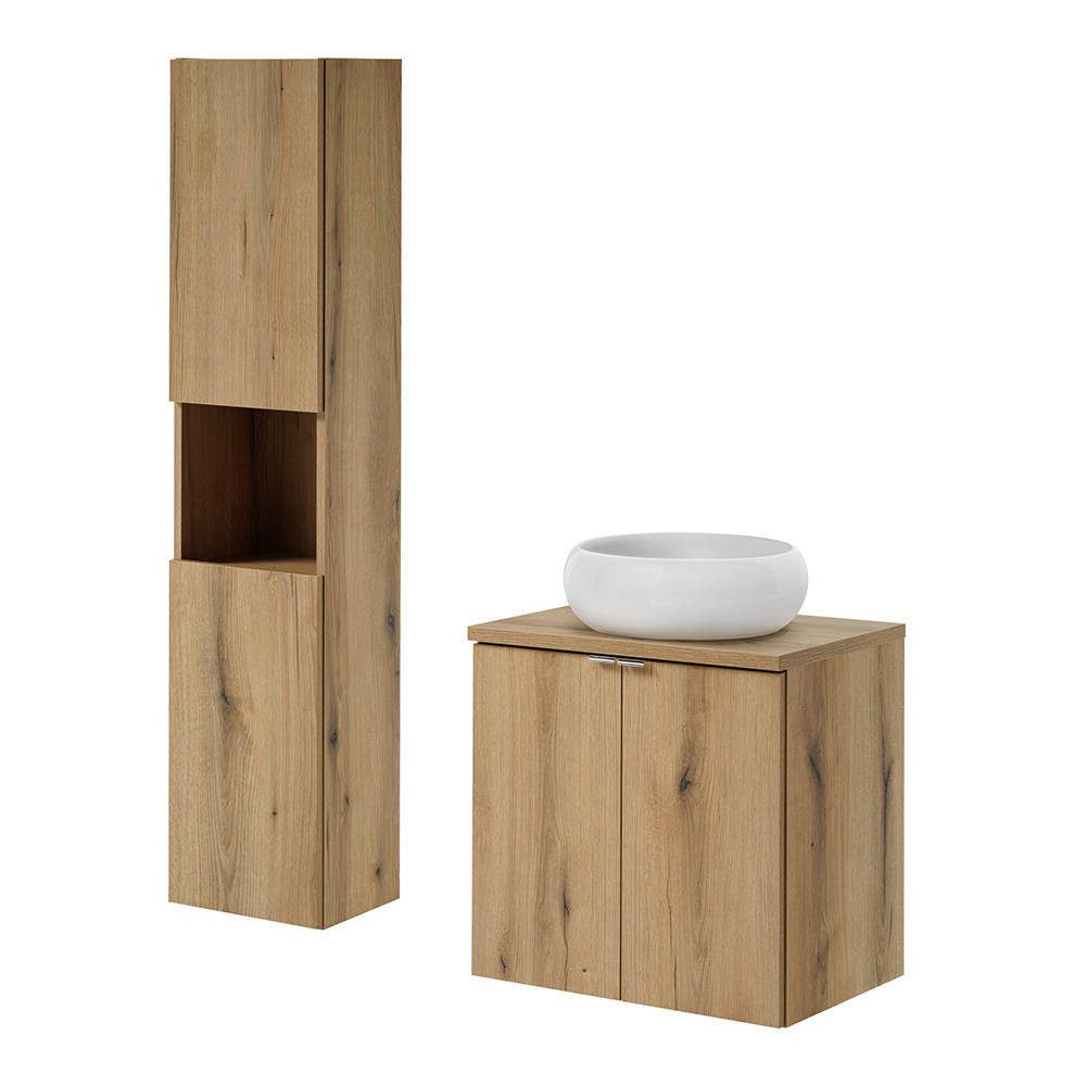 en.casa Badmöbel-Set, »Skelbolu« Waschtisch 60x57x39 cm mit Hochschrank Eicheoptik