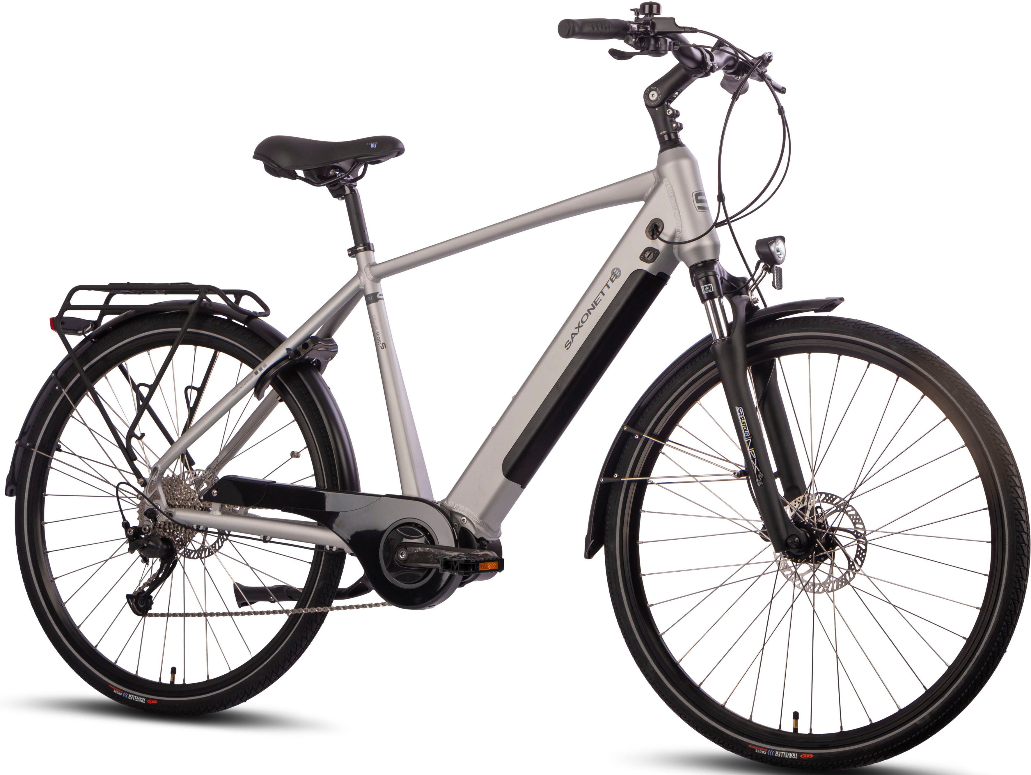 SAXONETTE E-Bike Trekkingrad Saxonette Deluxe Sport (Diamant), 9 Gang Shimano Alivio Schaltwerk, Kettenschaltung, Mittelmotor, 418 Wh, Pedelec, Elektrofahrrad für Damen u. Herren