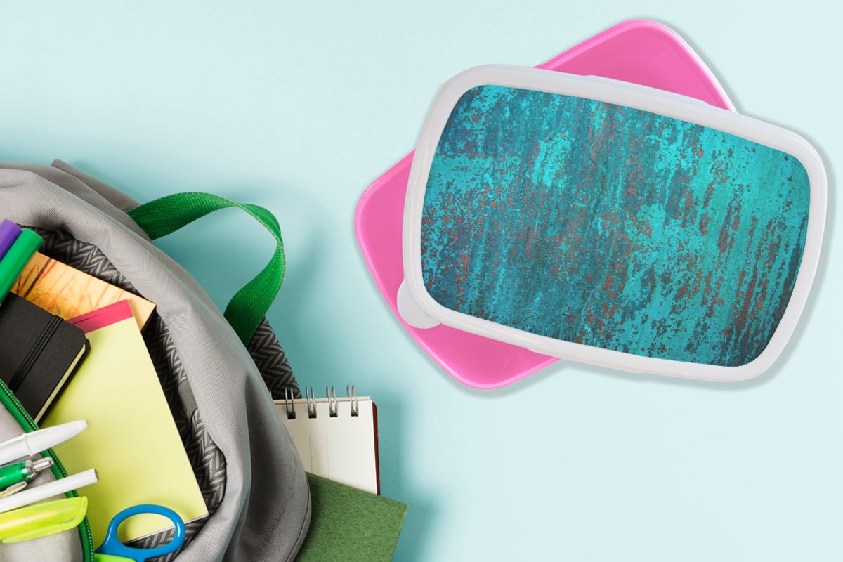 blauen Brotbox Kupferfarbener Kunststoff, Oxidationsschicht, mit Brotdose Kinder, Kunststoff MuchoWow Hintergrund für einer rosa Mädchen, Lunchbox Snackbox, Erwachsene, (2-tlg),