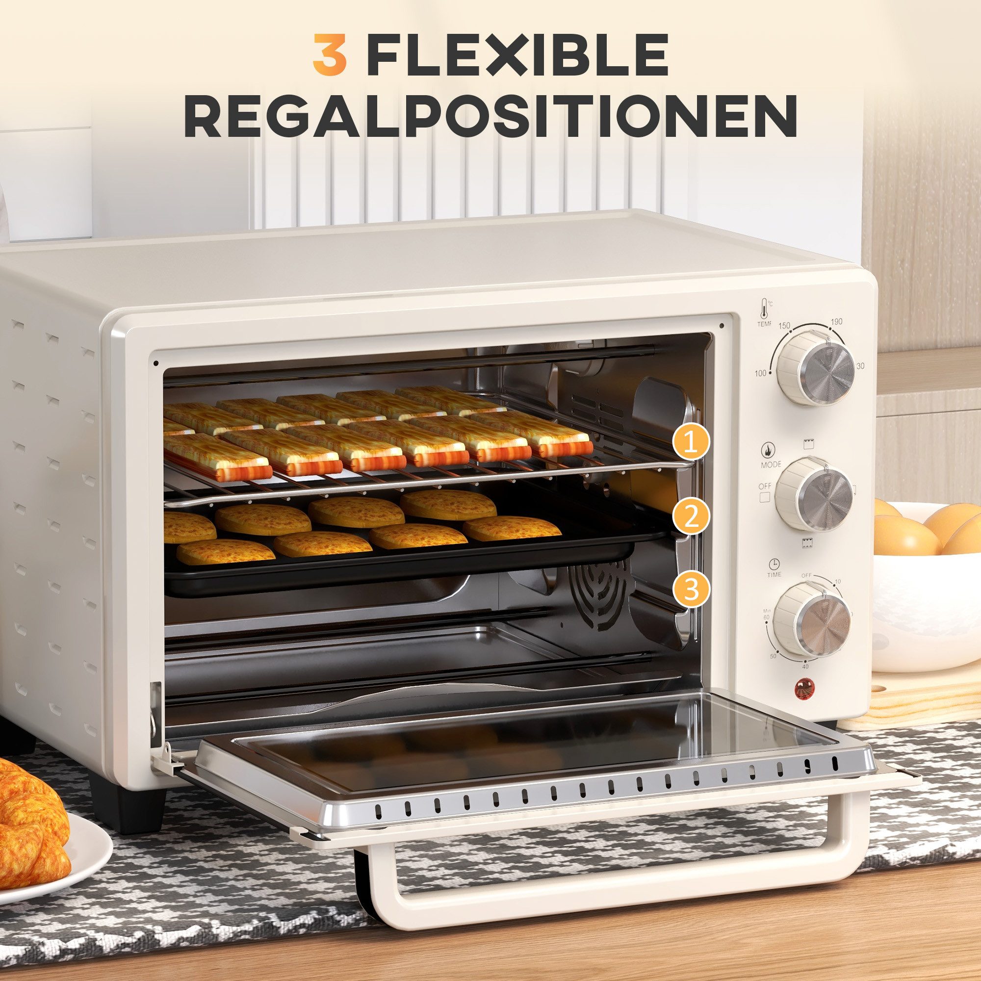 Rutaqian Minibackofen Minibackofen, Backofen 21 L Toasterofen,3 Kochmodi, 100 -230 °C, mit 1 Drahtgestell und 1 Backblech, Edelstahl, Glas, Cremeweiß