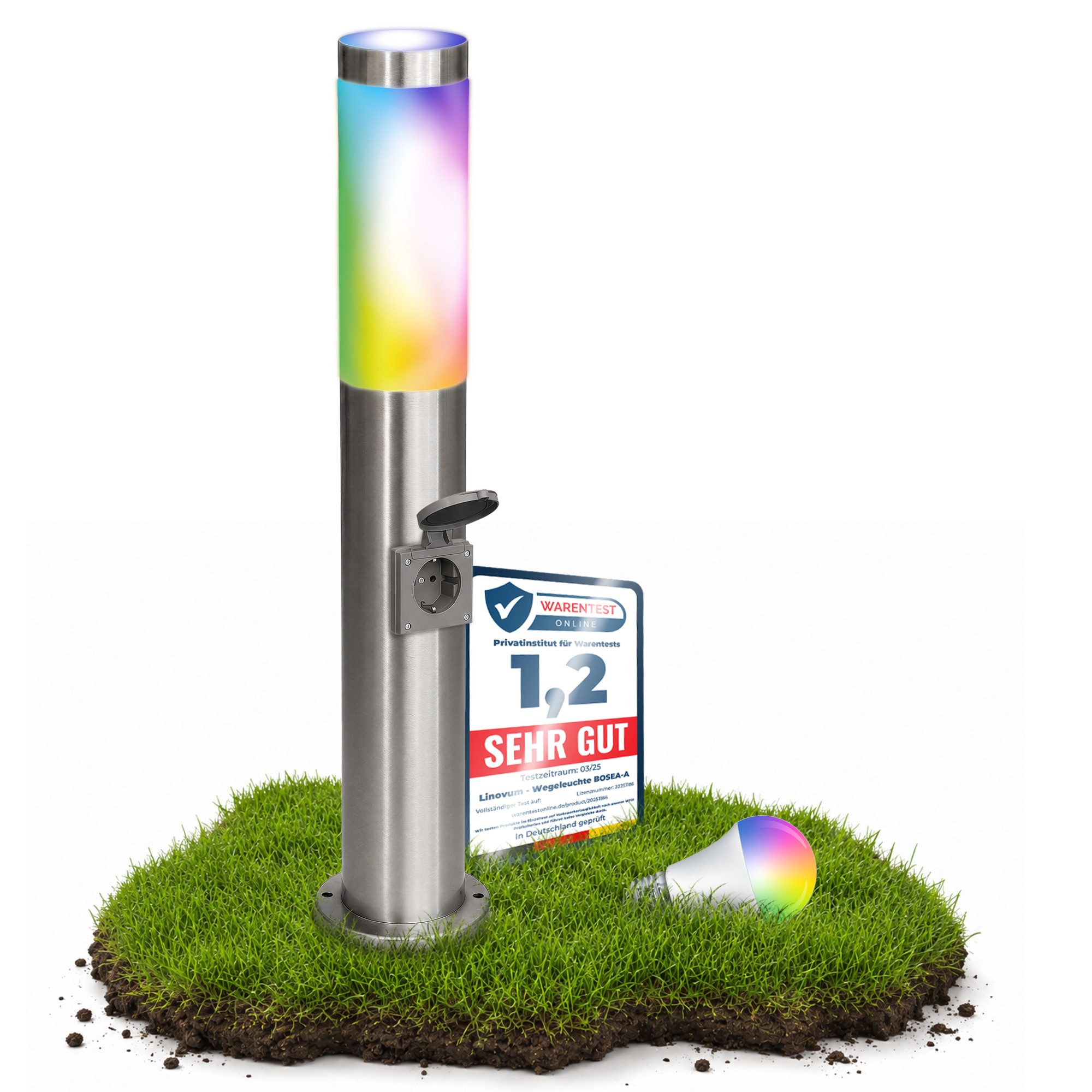 linovum LED Pollerleuchte BOSEA-S Wegeleuchte mit Steckdose IP44 mit LED SMART E27 RGBW, Smart