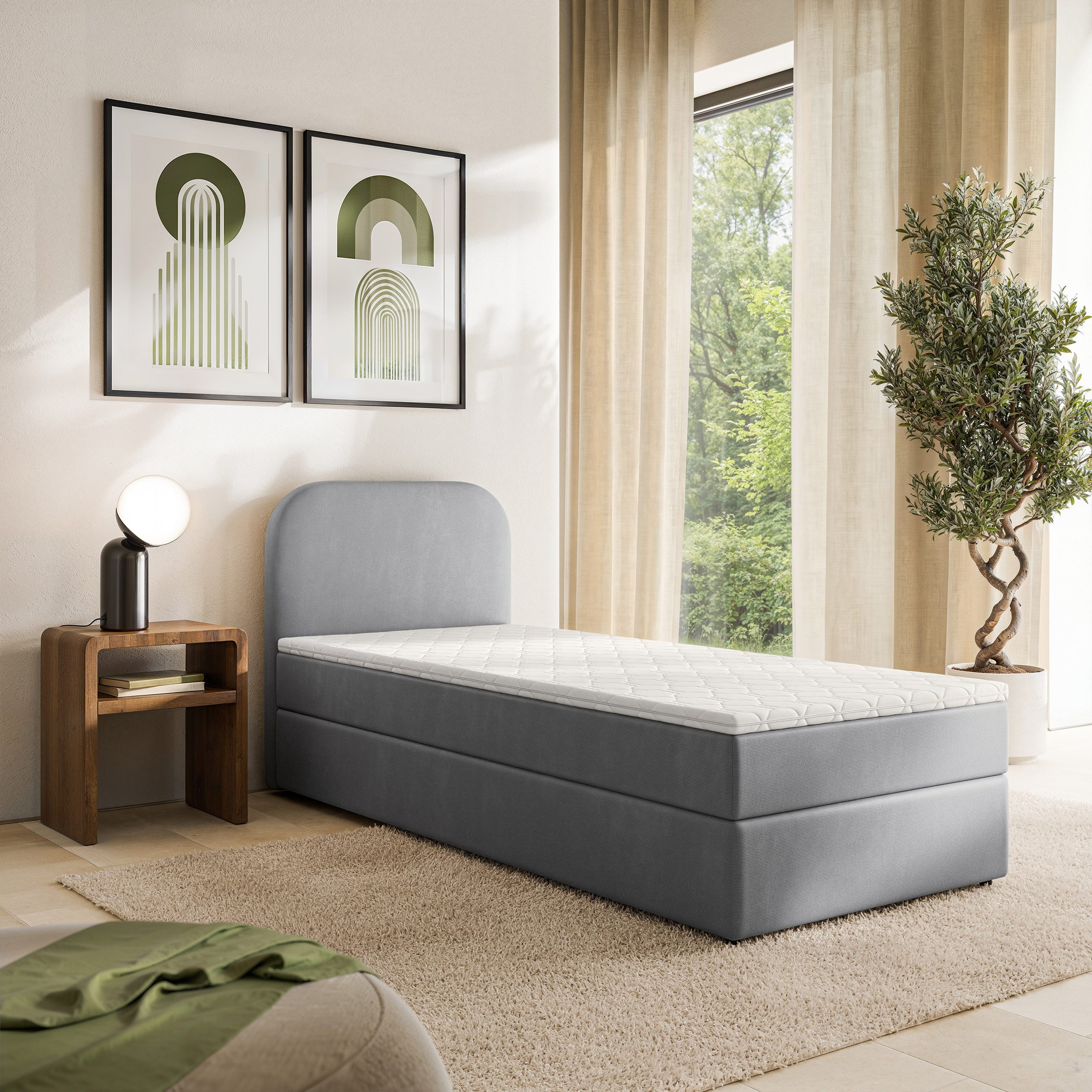 Masseno Boxbett CERIA 90x200 cm mit Bonell Matratze und Topper, Einzelbett, Jugendbett, Polsterbett mit Kopfteil, Boxspringbett