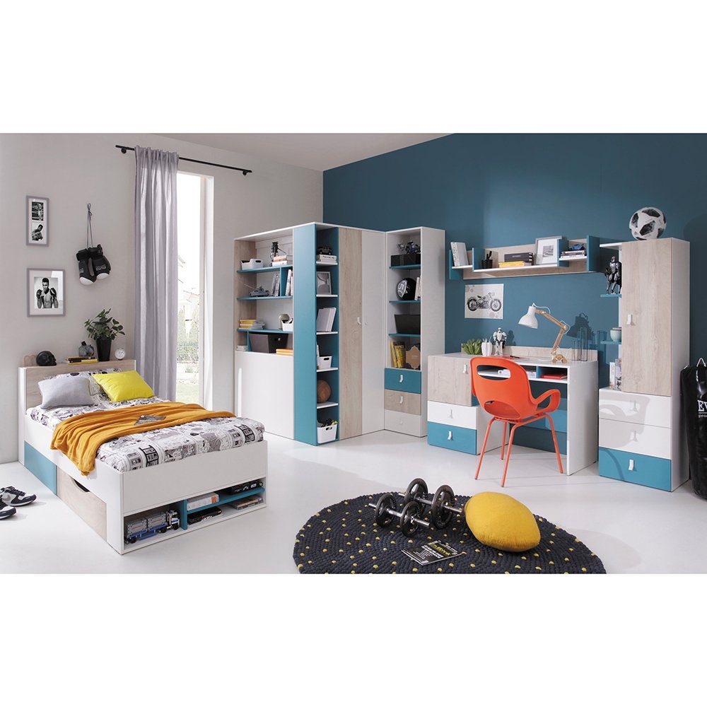 Lomadox Jugendzimmer-Set PITTSBURGH-133, (Sparset, 6-tlg), mit begehbarem Kleiderschrank & Bett 90x200, weiß/Eiche/blau