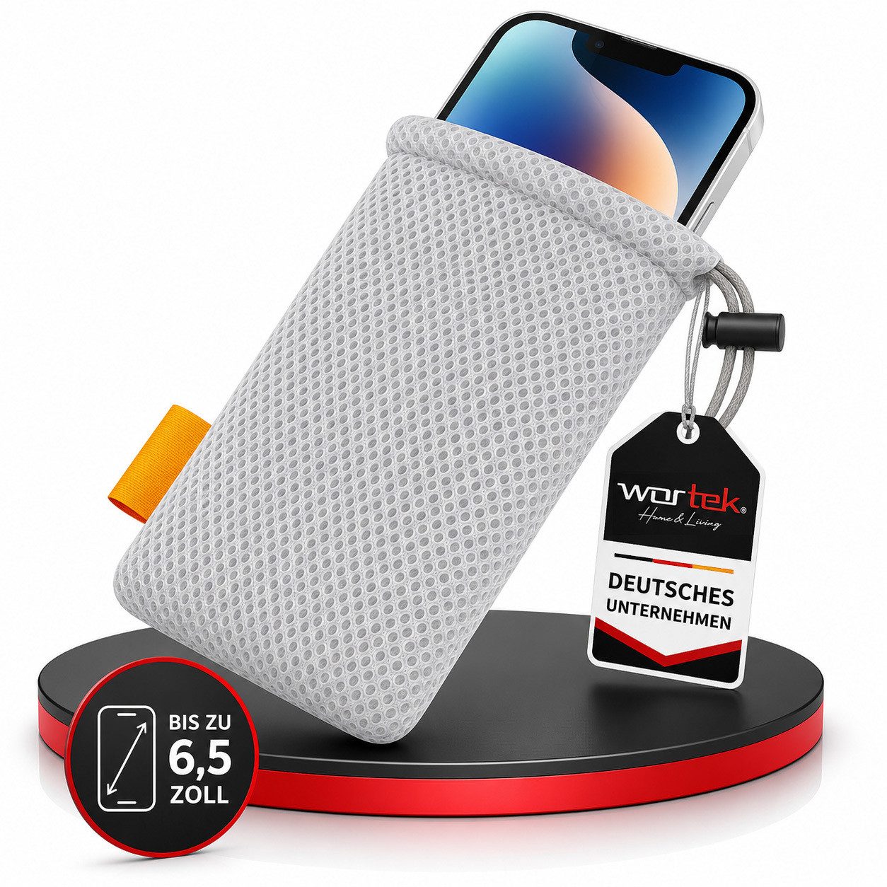 wortek Handyhülle Universal Handytasche Nylon Mesh Tasche Handysocke bis 6,5 Zoll, Netzbeutel mit Kordelzug für Handy, Powerbank, Kopfhörer uvm.