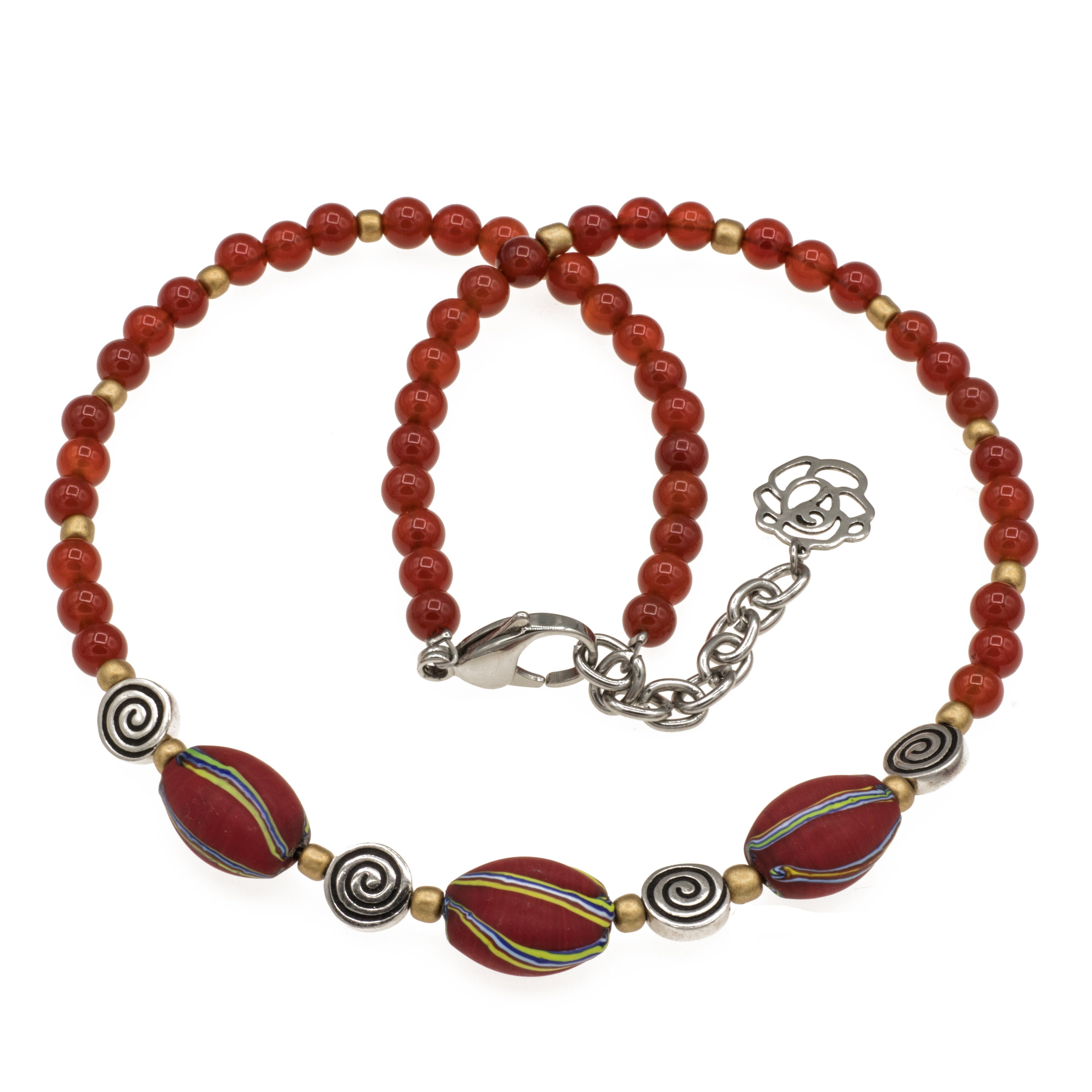 Perlenkette Kette mit Murano Glas Mosaik Perlen, Karneol und Perlen aus 925 Silber