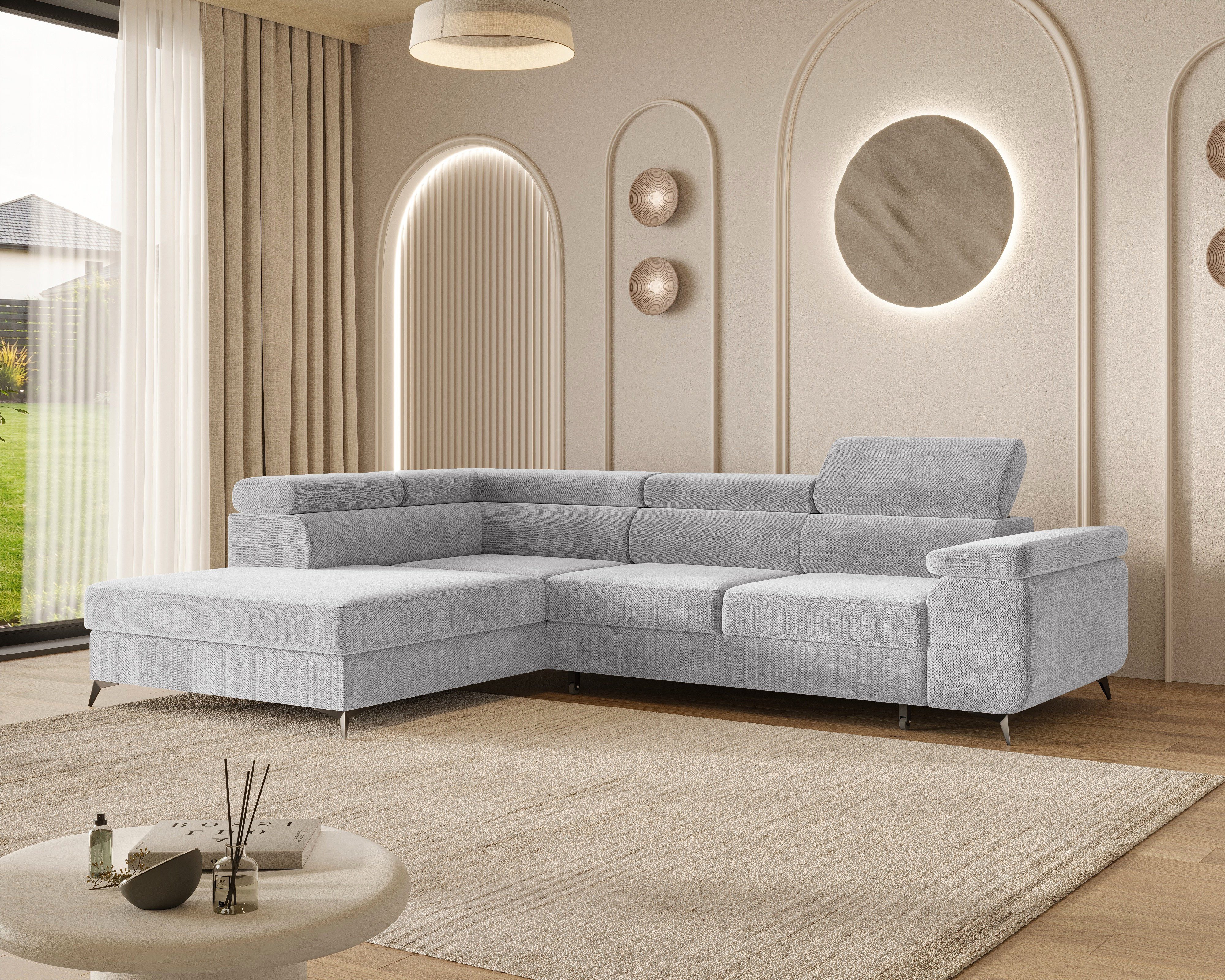 MOEBLO Ecksofa OSTIN, 290 cm – Modernes L-Sofa mit Schlaffunktion, Bettkasten und verstellbaren Kopfstützen, Cord oder Strukturstoff, - (BxHxT): 290 x 75–90 x 202 cm