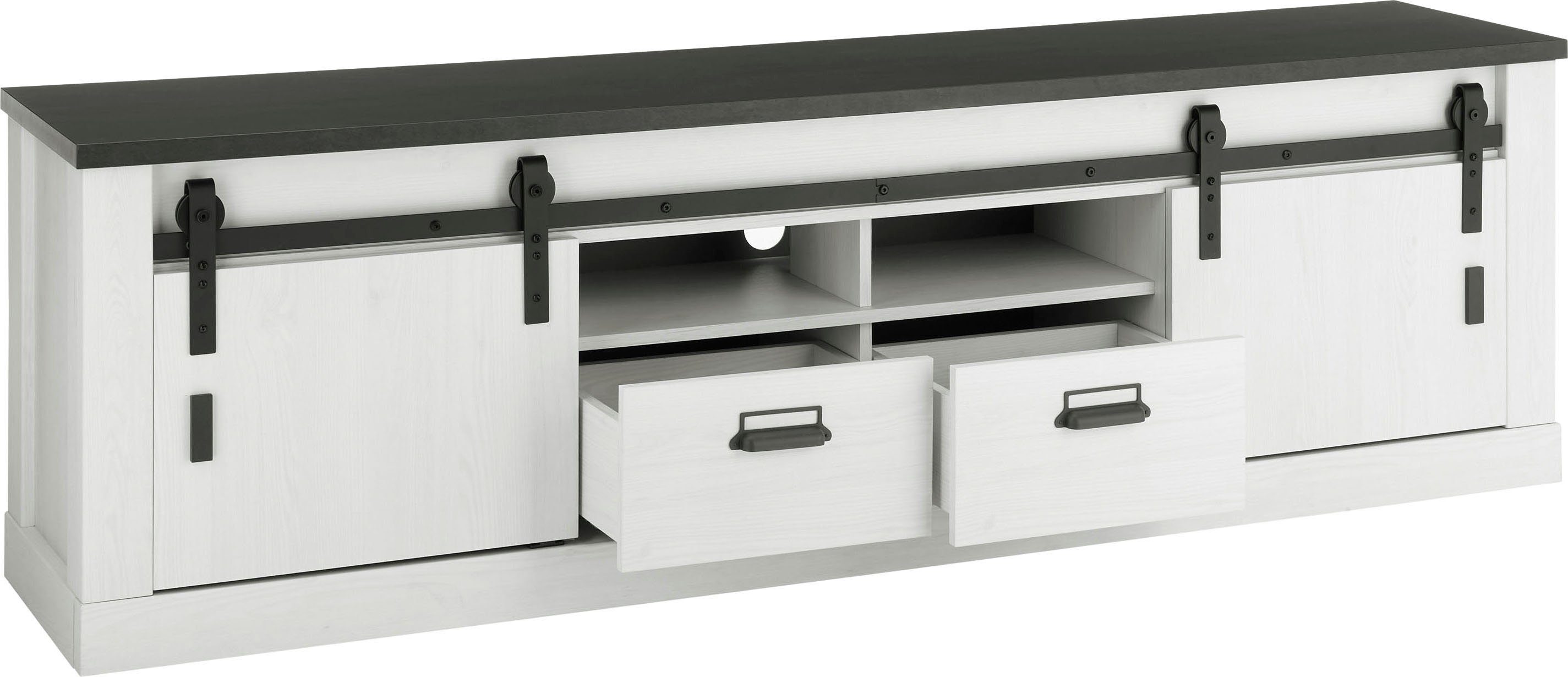 Home affaire Lowboard SHERWOOD, modernes Holz Dekor, mit Scheunentorbeschlag aus Metall, Breite 201 cm