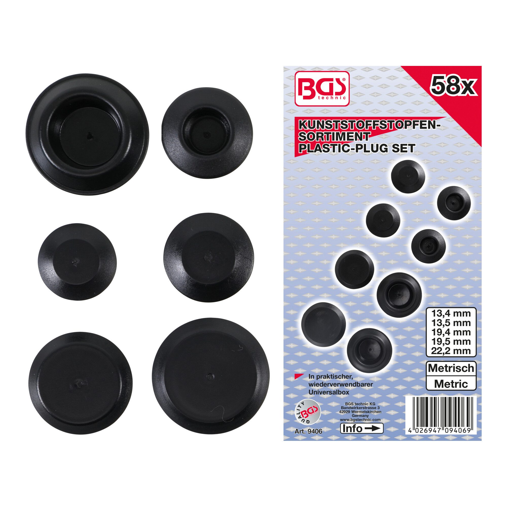 BGS technic Gardinenbefestigungen Ersatzteile BGS Kunststoffstopfen-Sortiment 9406, 58-tlg.