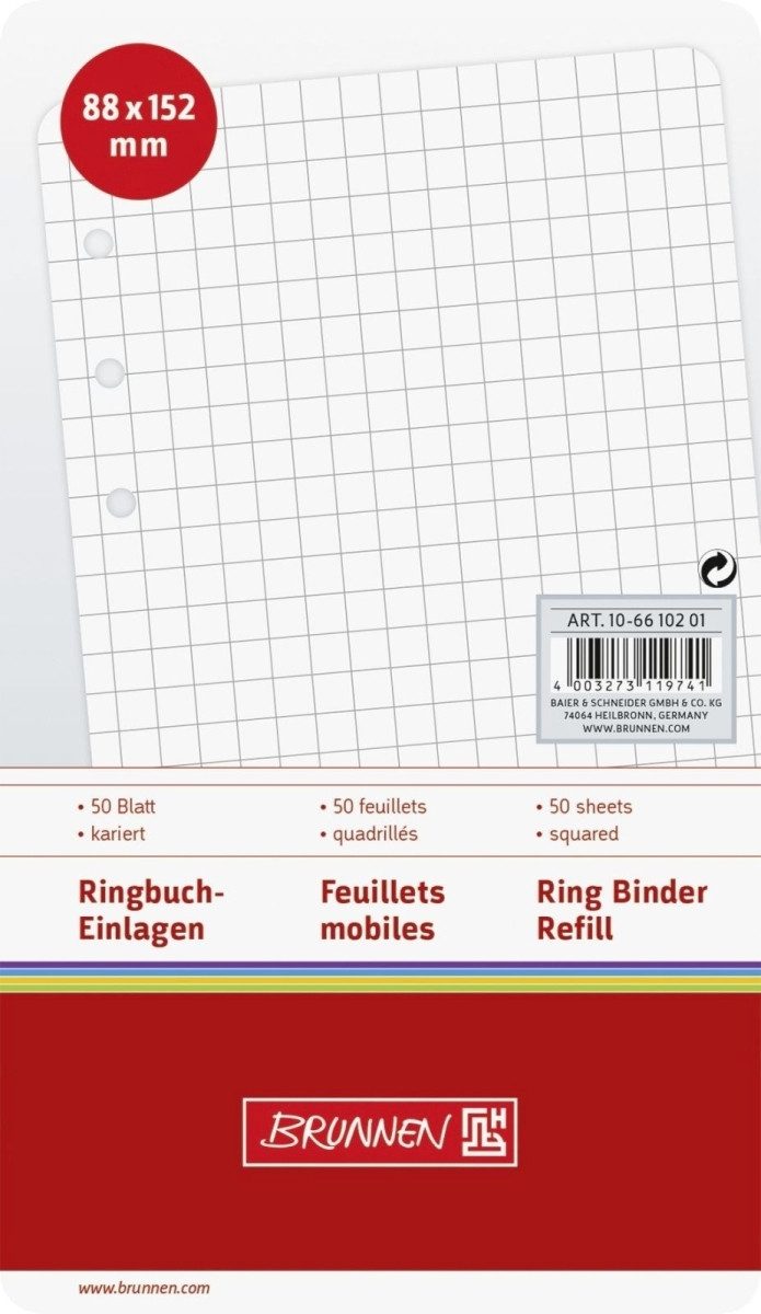 BRUNNEN Notenblock Ringbucheinlagen 8,8x15,2 kariert 50 Blatt