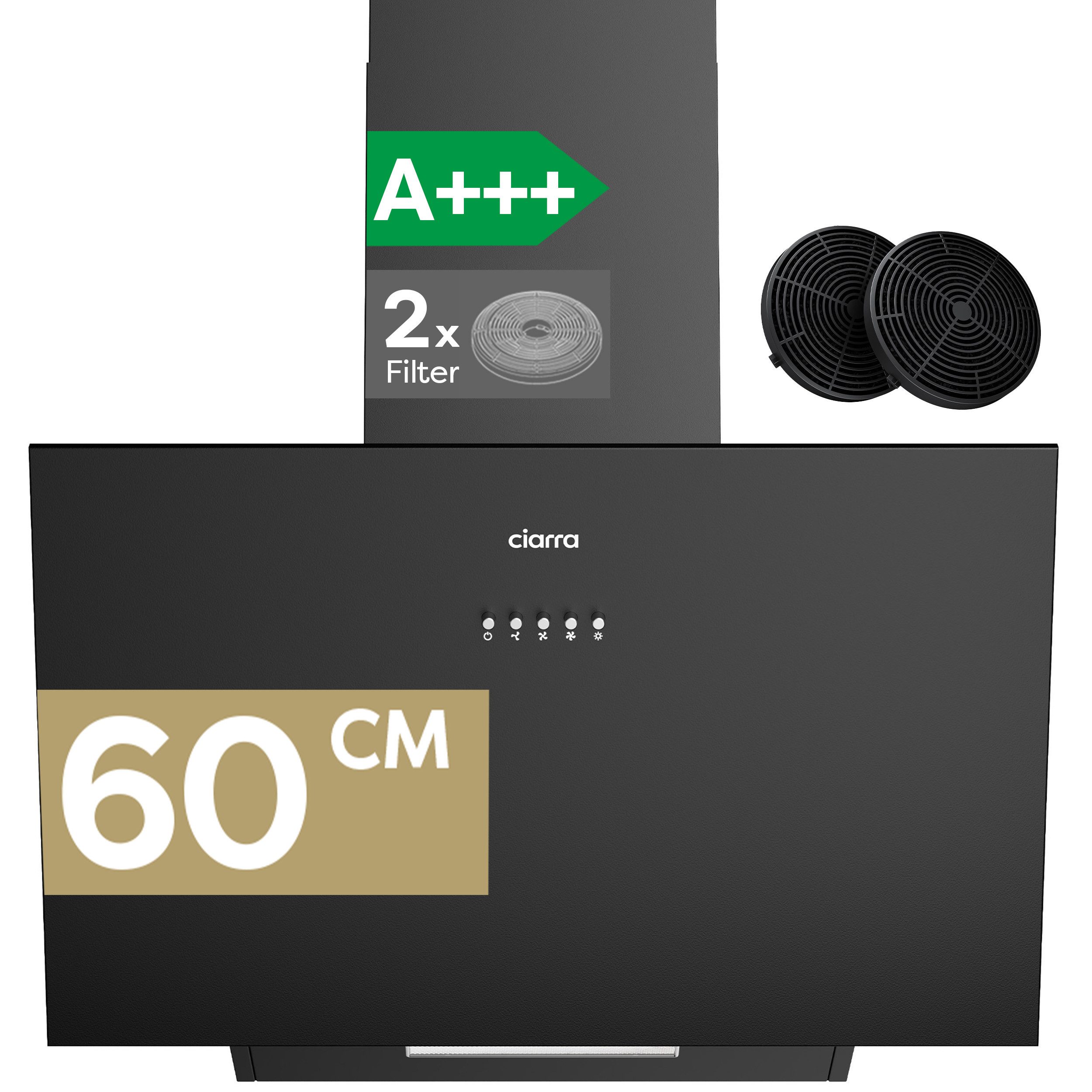 CIARRA Kopffreihaube 60 cm Dunstabzugshaube A+++ 650 m³/h starke Saugleistung VM6762AB 60 cm Dunstabzugshaube A+++ 650 m³/h starke Saugleistung VM6762AB, Leise Schräghaube mit Kohlefilter LED Umluft & Abluft 3 Stufen