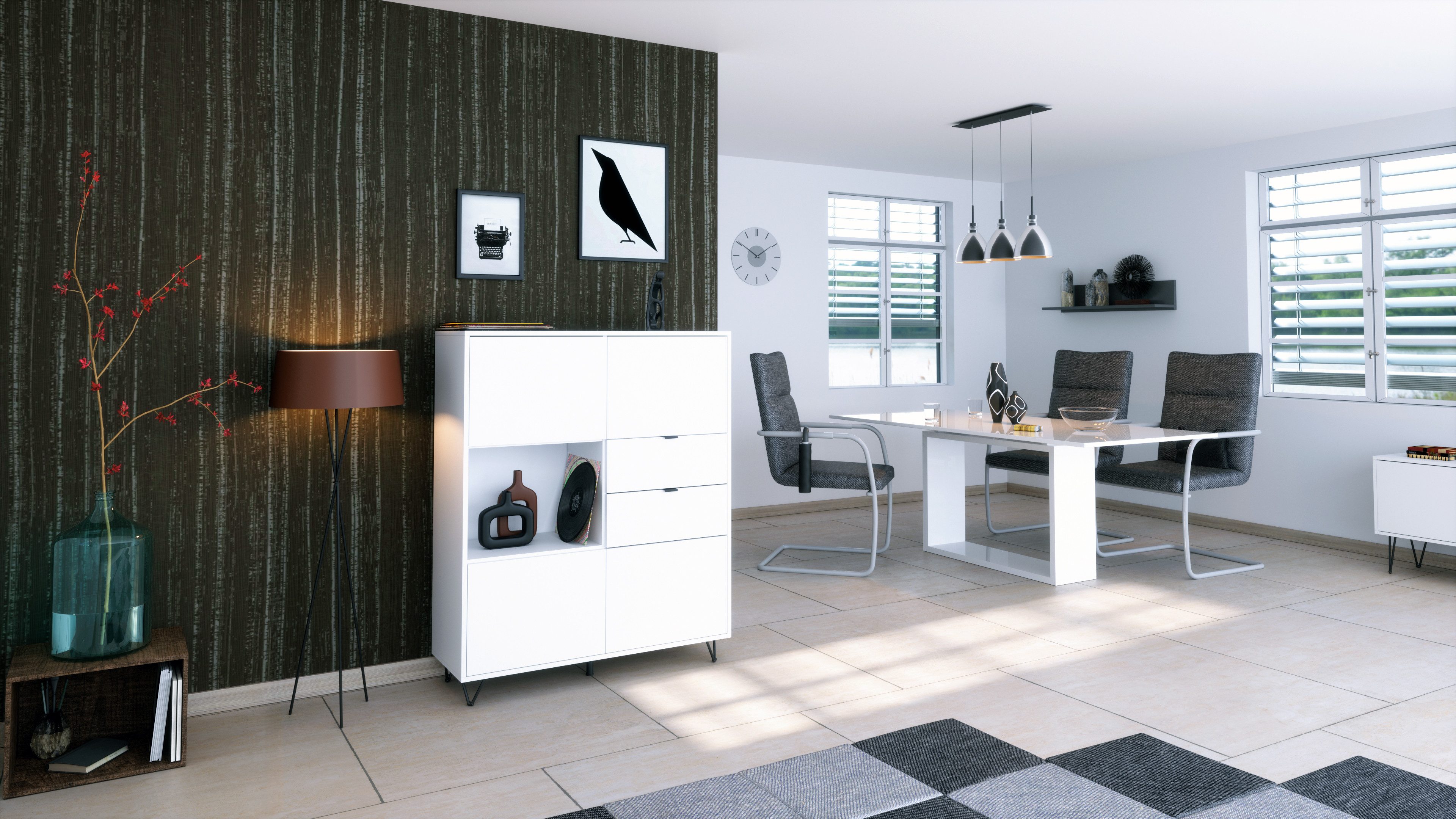 Vladon Highboard Marino V1 (Highboard mit 4 Tür Weiß matt, 2 Schubladen Weiß matt, Made in Germany), Korpus Weiß matt (103 x 125,5 x 37 cm)