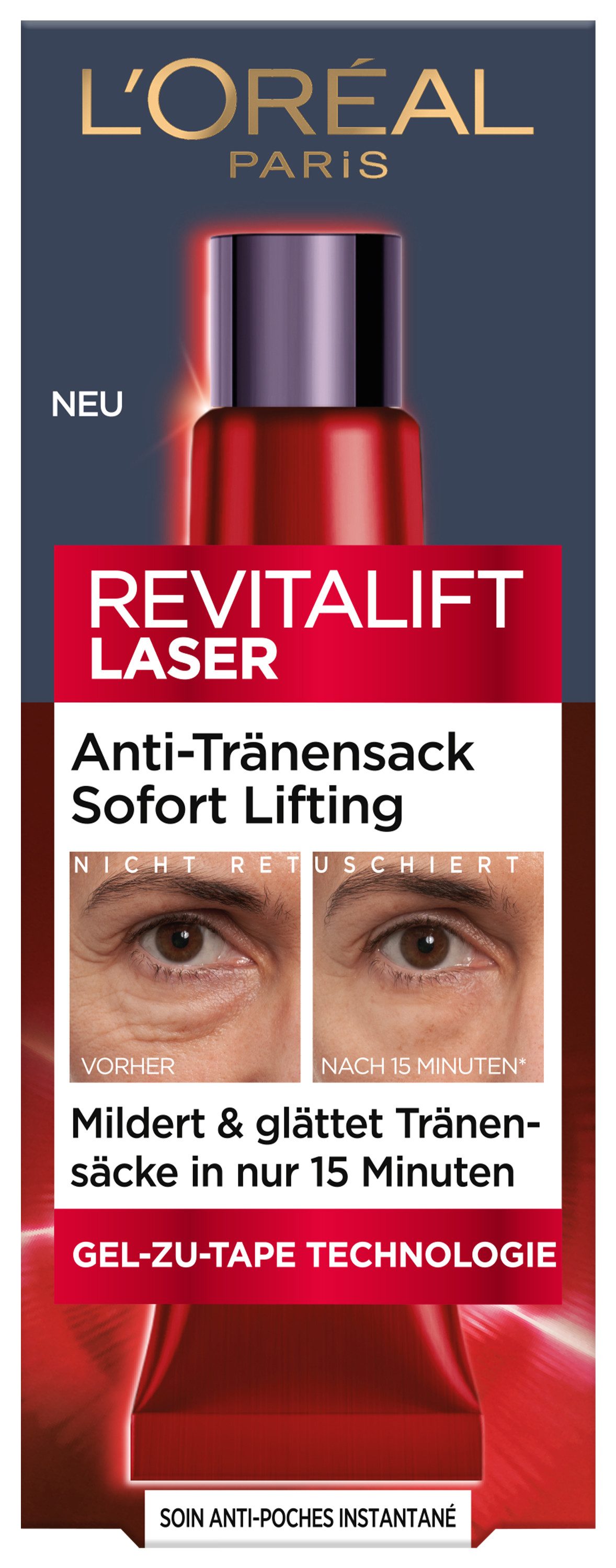 L'ORÉAL PARIS Anti-Aging-Augencreme REVITALIFT LASER ANTI-TRÄNENSACK SOFORT LIFTING, mildert und glättet Tränensäcke in nur 15 Minuten