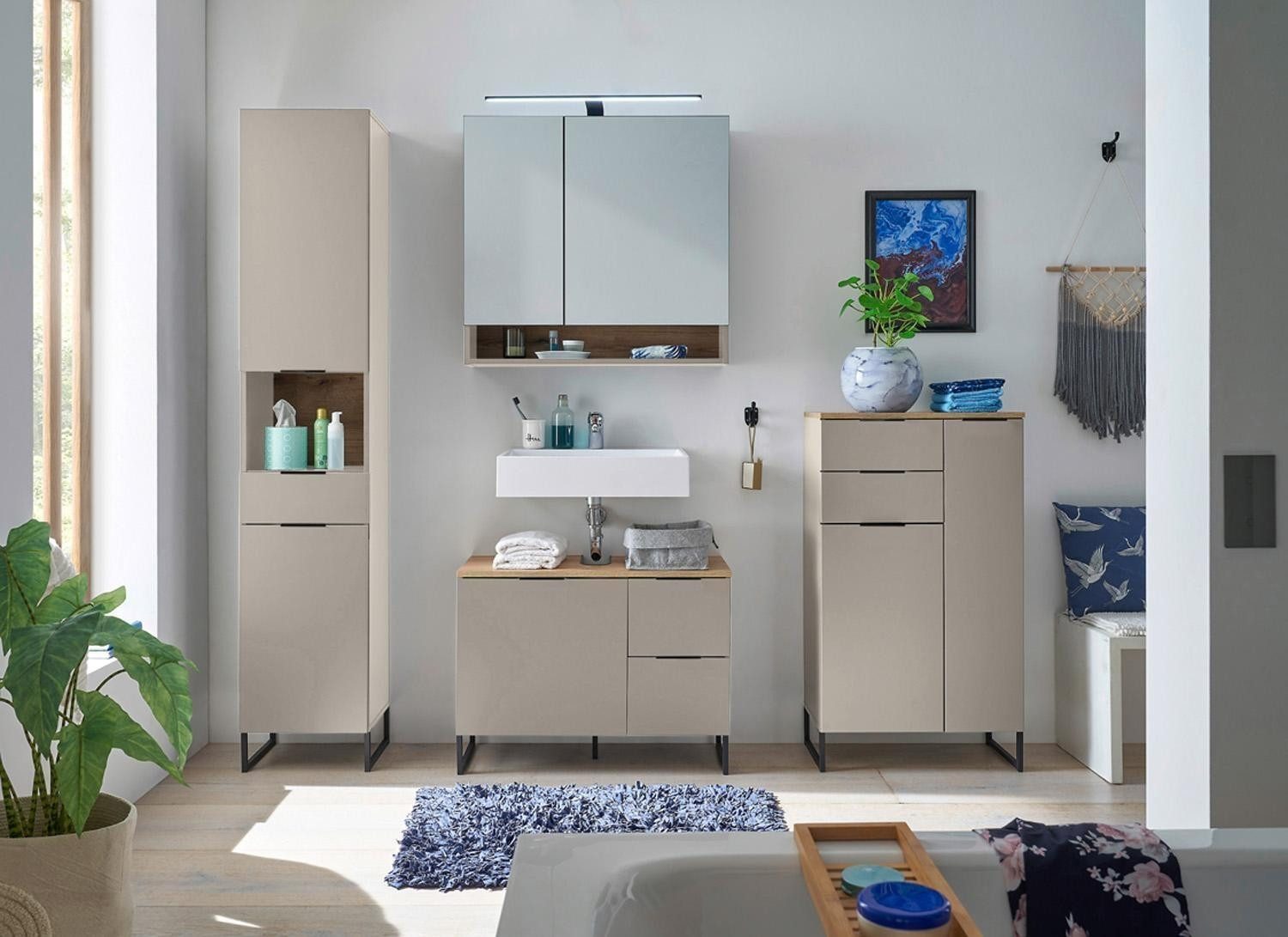 Bega Consult Spiegelschrank DENVER, 2 Spiegeltüren, Beige, mit LED-Aufsatzl günstig online kaufen