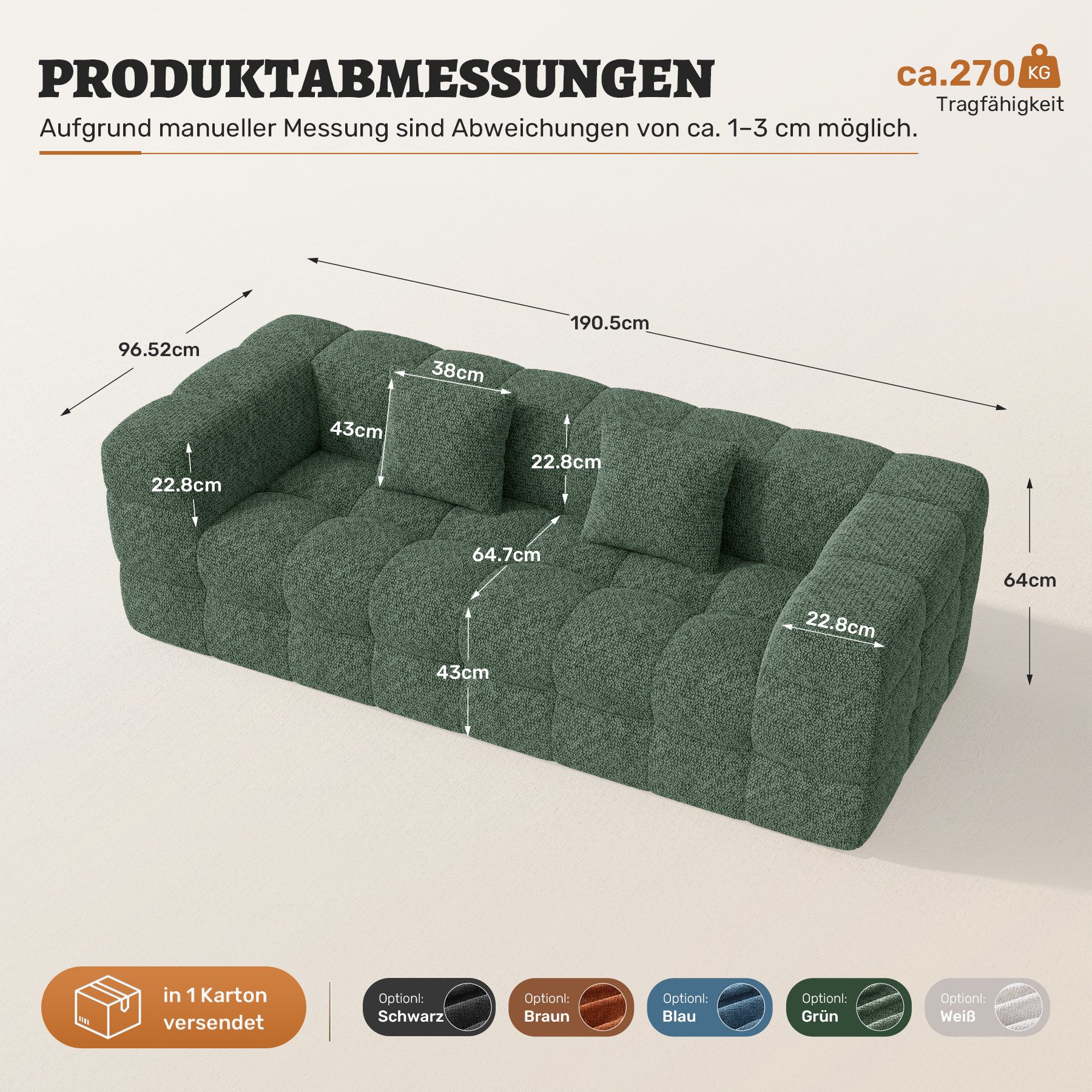 HawthyHome Sofa 2-3 Sitzer – 190 cm Chenille Wohnzimmersofa mit weicher Polsterung, 1 Teile, Modernes Design, keine Montage erforderlich & maximaler Sitzkomfort