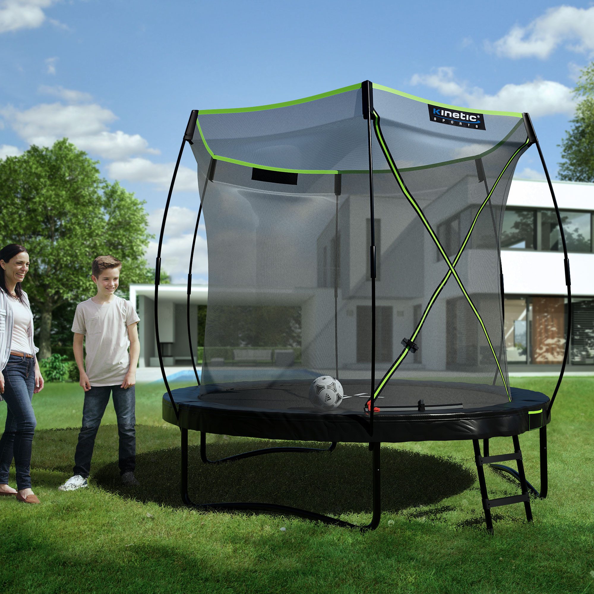 Kinetic Sports Gartentrampolin ULTIMATE PRO, Ø 244 cm, mit Leiter, Fieberglas-Netzstangen, AirMAXX Sprungtuch