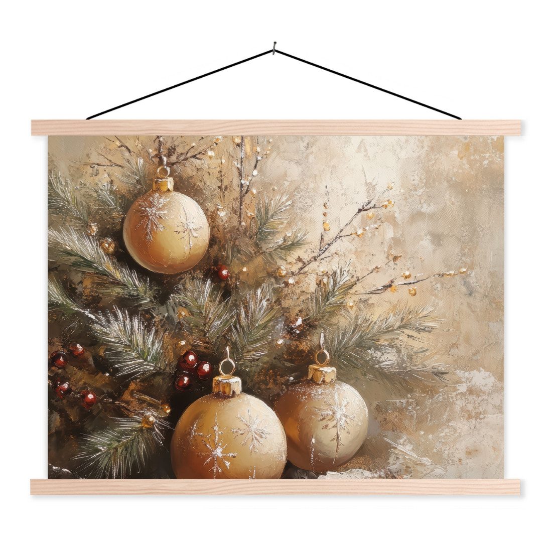 MuchoWow Poster Weihnachten - Kugeln - Beige - Gold, (1 St), Posterleiste, Textilposter für Wohnzimmer, Bilderleiste, 40x30 cm
