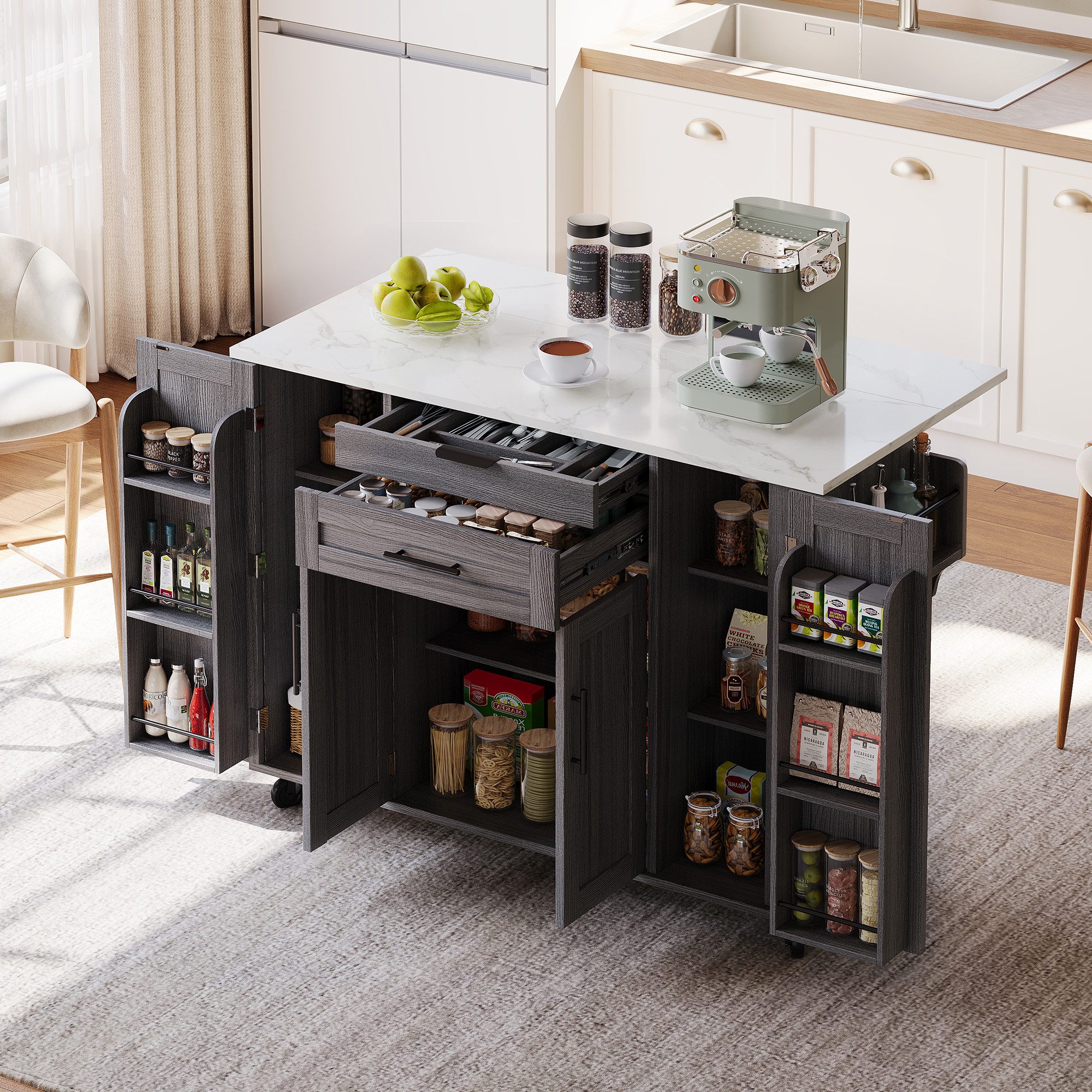 Flieks Küchenwagen mit erweiterbarer Arbeitsplatte, Rollen und verstellbare Einlegeböden, (1 St), Kücheninsel Servierwagen Buffetschrank mit Schubladen und Türablagen
