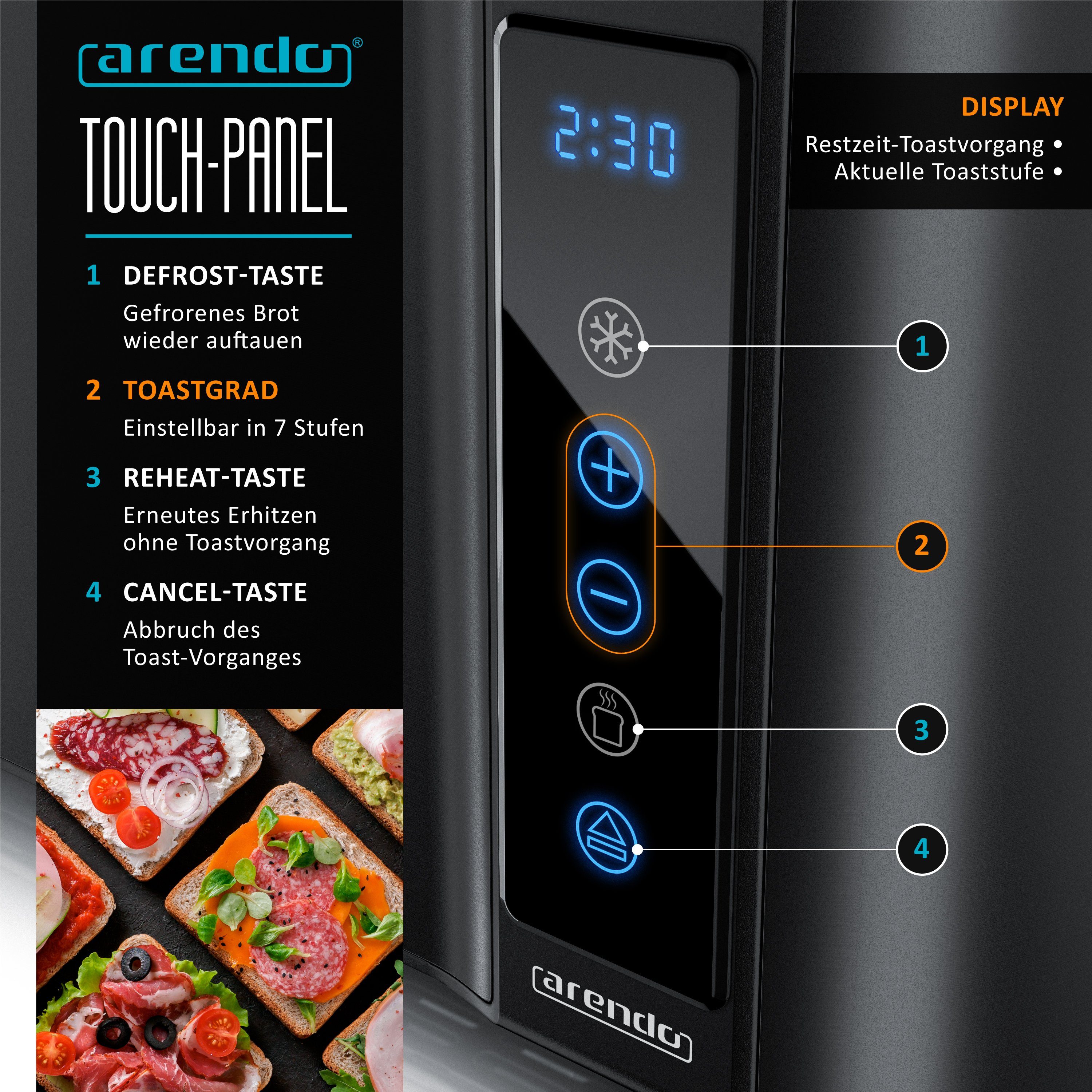 Arendo Toaster 4-Scheiben, Wärmeisoliertes Doppelwandgehäuse, Display Restzeitanzeige, 2 lange Schlitze, für 4 Scheiben, 1500 W, Langschlitz, Brötchenaufsatz, Brotscheibenzentrierung, Touchpanel