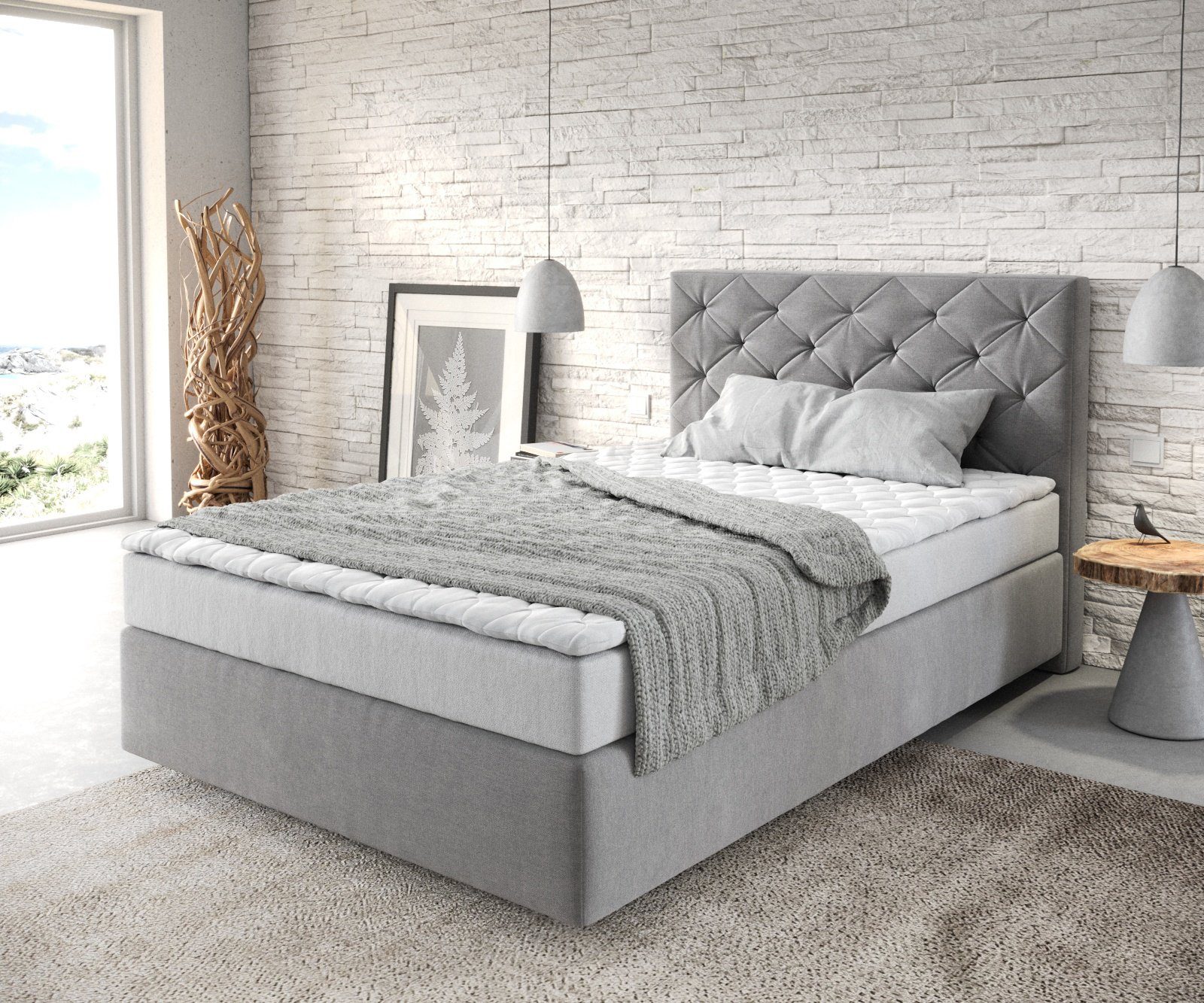 DELIFE Boxspringbett Dream-Great, Mikrofaser Grau 120x200 cm mit Matratze und Topper