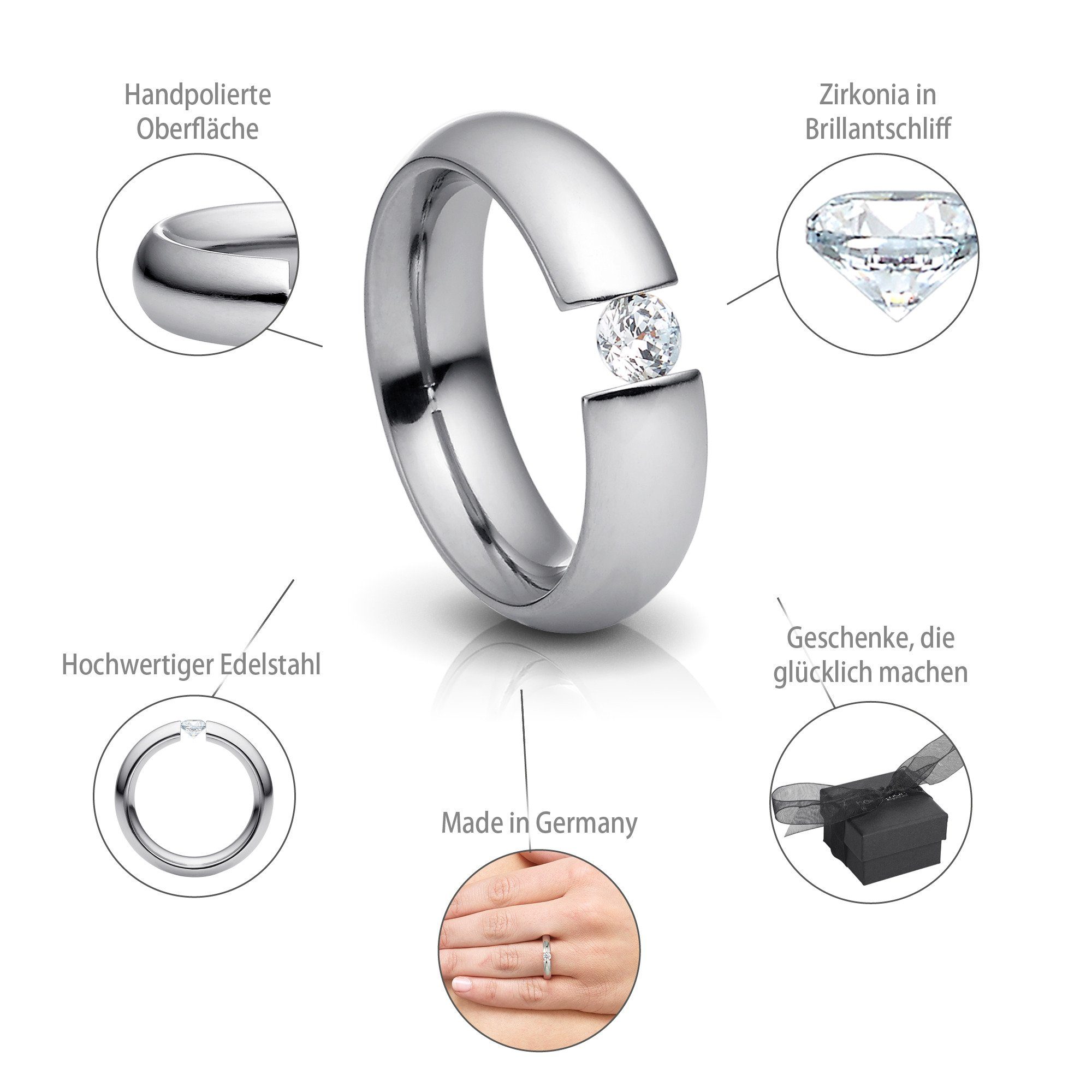 Heideman Fingerring Intensio Poliert (Ring, 1-tlg., inkl. Geschenkverpackung), Ring mit Stein als Spannring gearbeitet