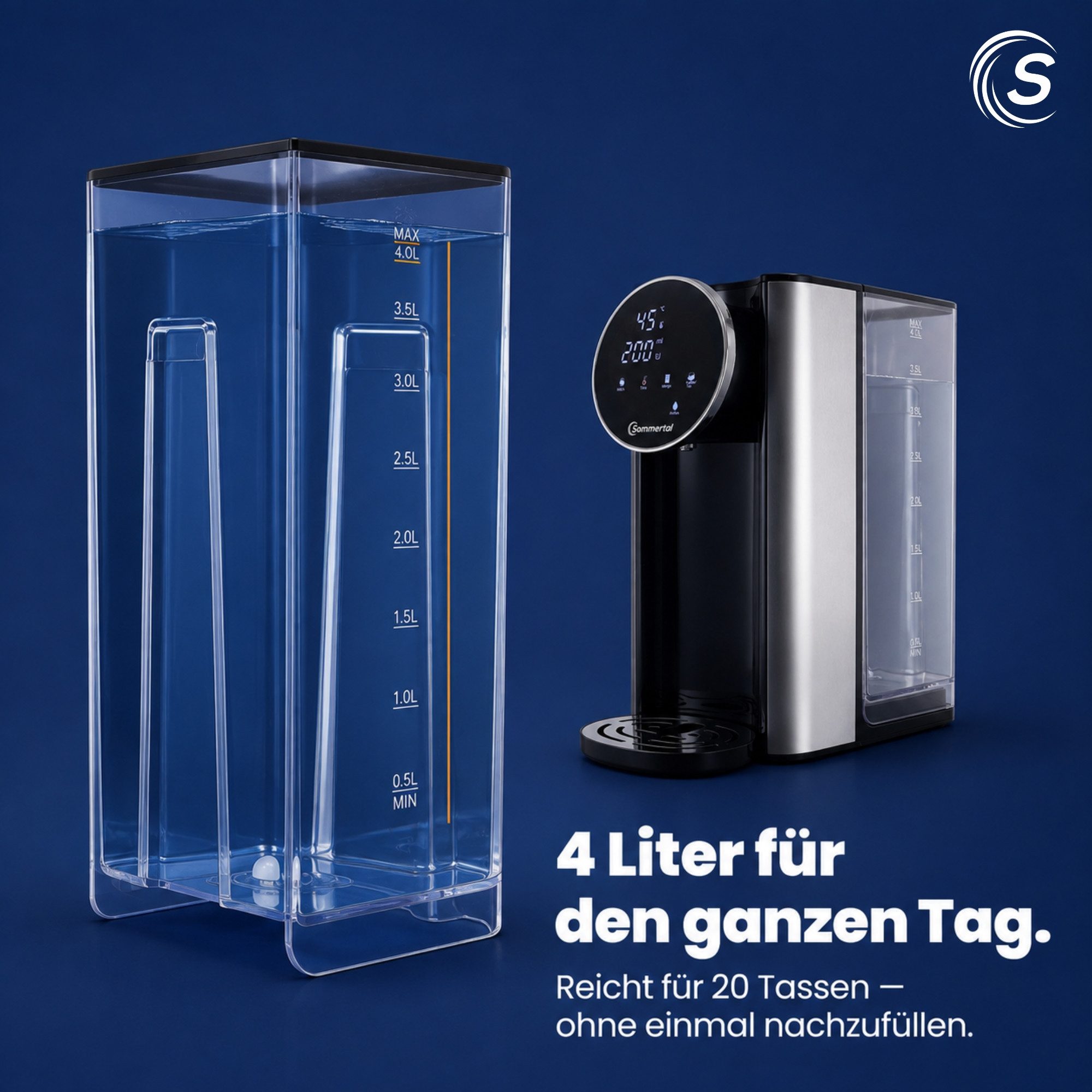 Sommertal Heißwasserspender Sommertal HW400 Heißwasserspender Businessline mit abnehmbaren 4L Tank, 4 l, instant heißes Wasser 45-100°C, Touchdisplay, Babynahru – Bild 4 von 5