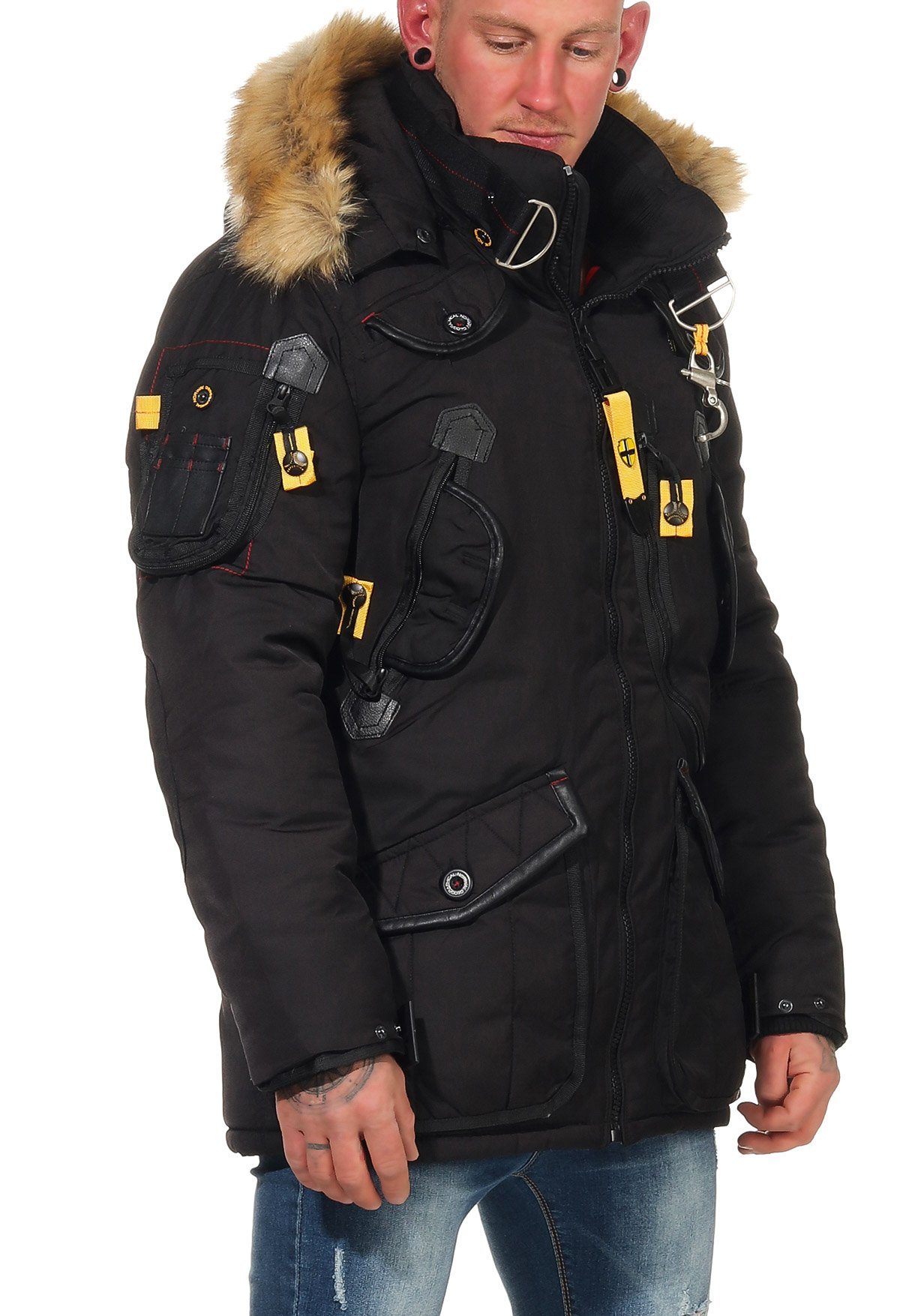 Agaros mit abnehmbar, Geographical Fellbesatz: viele Norway Schwarz individuell Kapuze beides Winterjacke Taschen
