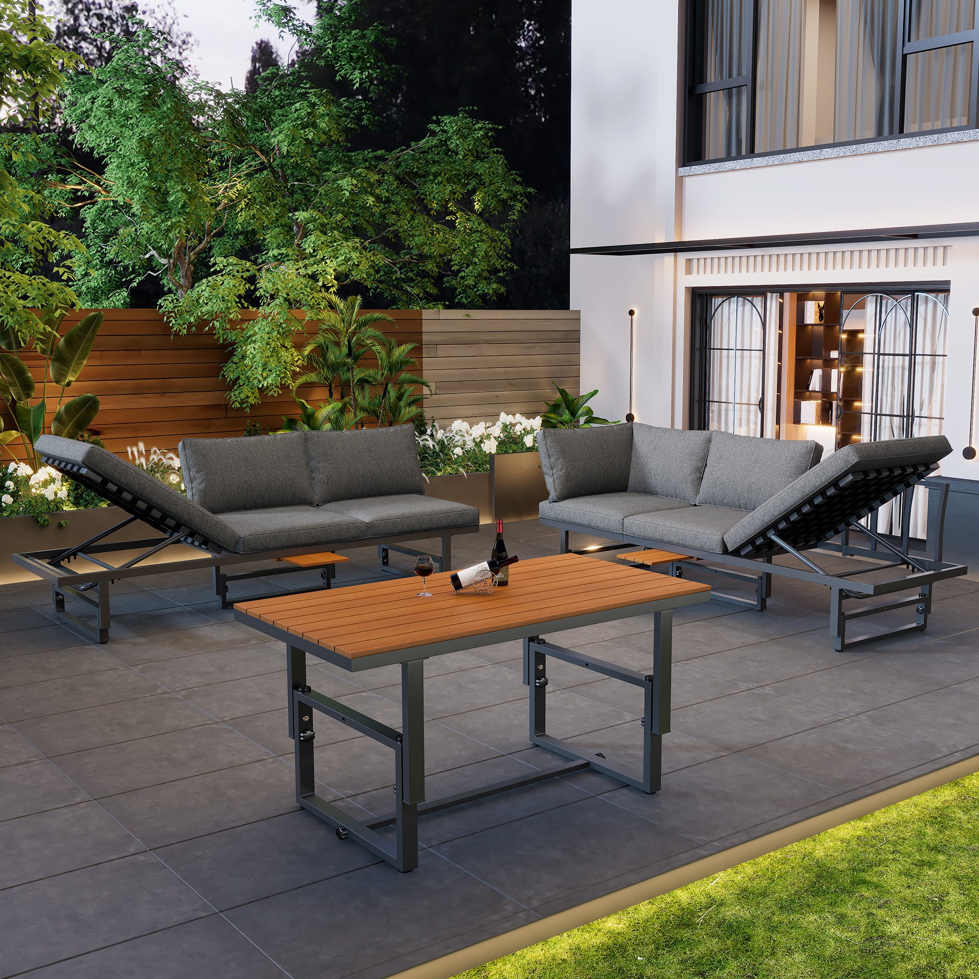 Merax Gartenlounge-Set mit verstellbaren Module, (3-tlg., 2 Bänke, 1 Tisch), Gartenmöbel Set Akazie, höhenverstellbar, Balkonmöbel, Sitzgruppe