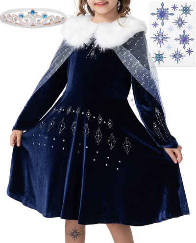 Corimori Prinzessin-Kostüm Elastisches Stella Eiskönigin Kostüm Kleid, mit Tattoos & Diadem, Prinzessinenkleid für Fasching, dunkel-blau