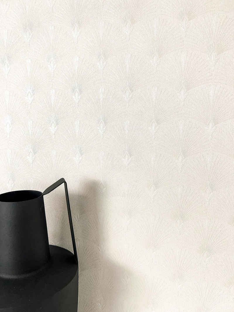 Newroom Vliestapete, Weiß Tapete Modern Fächer - Mustertapete Retro Creme Vintage Glamour Ornamente Glänzend für Schlafzimmer Wohnzimmer Küche